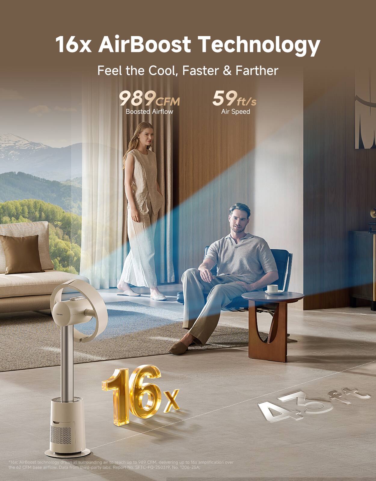 16x AirBoost Technology  
Feel the Cool, Faster & Farther  
989 CFM  
59 ft/s  
Boosted Airflow  

16x: AirBoost technology draws in surrounding air to reach up to 989 CFM, delivering up to 16x amplification over the 62 CFM base airflow. Data from third-party labs. Report No. SFTC-FQ-250519 No. 1206-25A