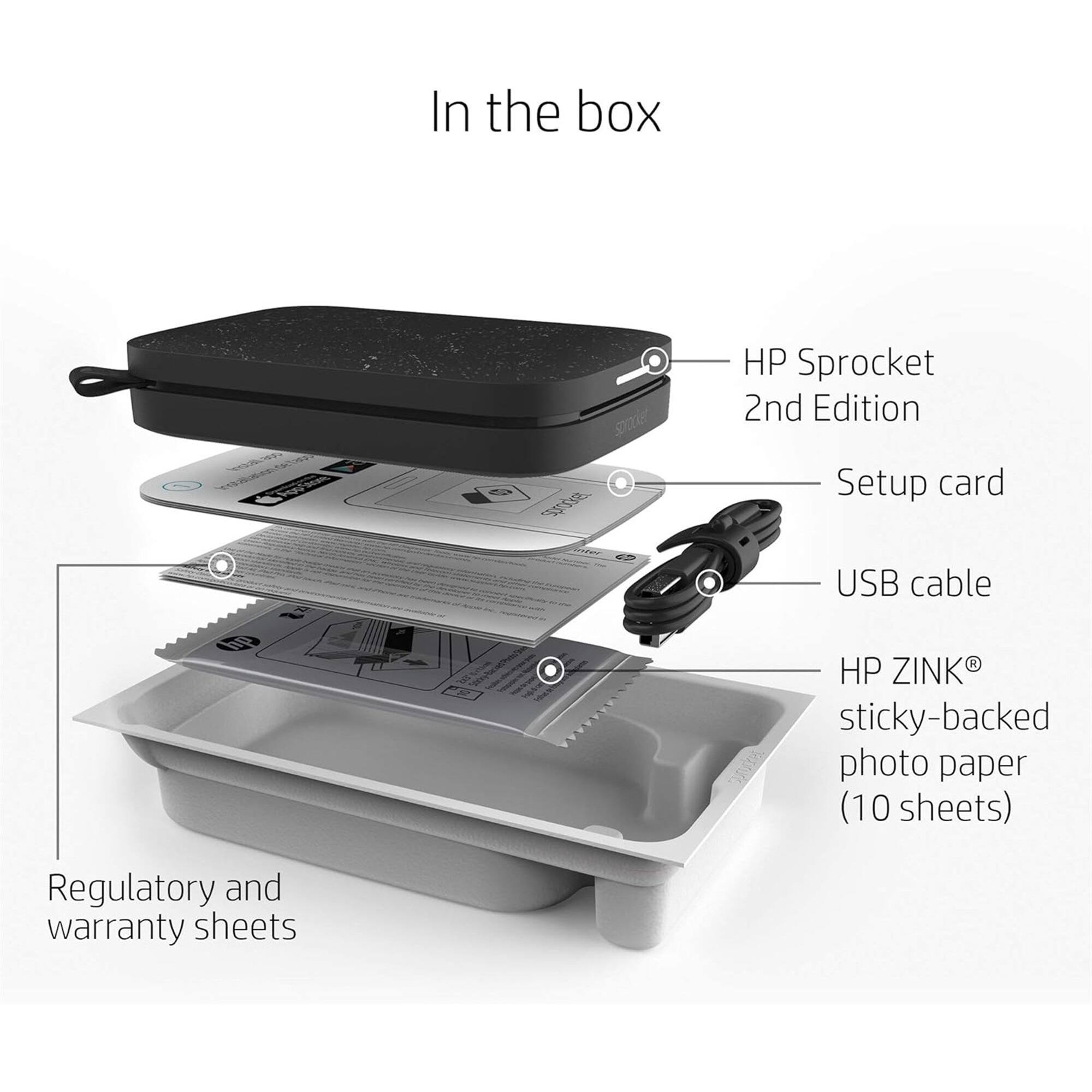 In the box HP Sprocket 2nd Edition Setup card USB cable HP ZINK sticky-backed photo paper (10 sheets) Regulatory and warranty sheets