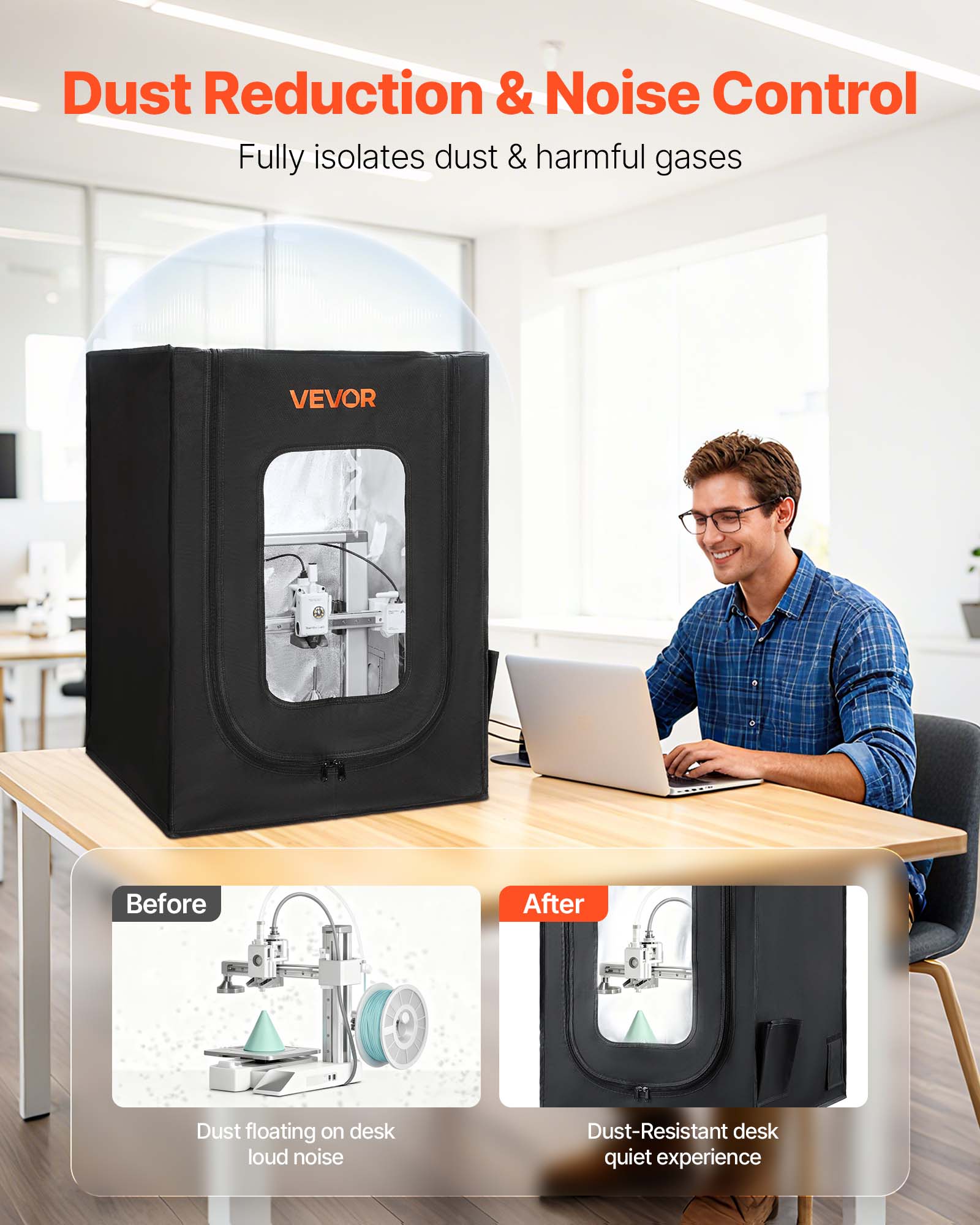 Dust Reduction & Noise Control  
Fully isolates dust & harmful gases  

Before  
Dust floating on desk loud noise  

After  
Dust-Resistant desk quiet experience