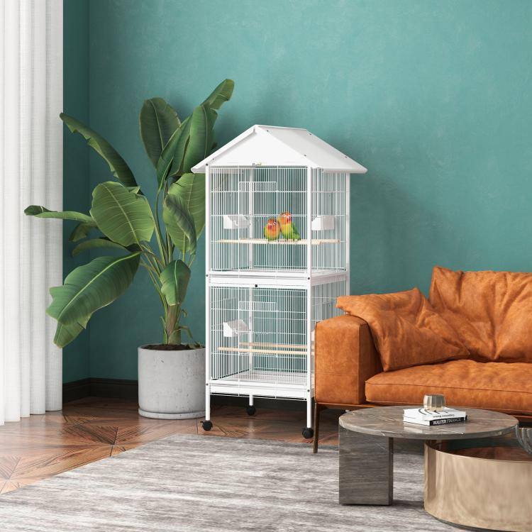 PULUZ Wrought Metal Bird Cage Feeder with Rolling Stand Perches Food ...