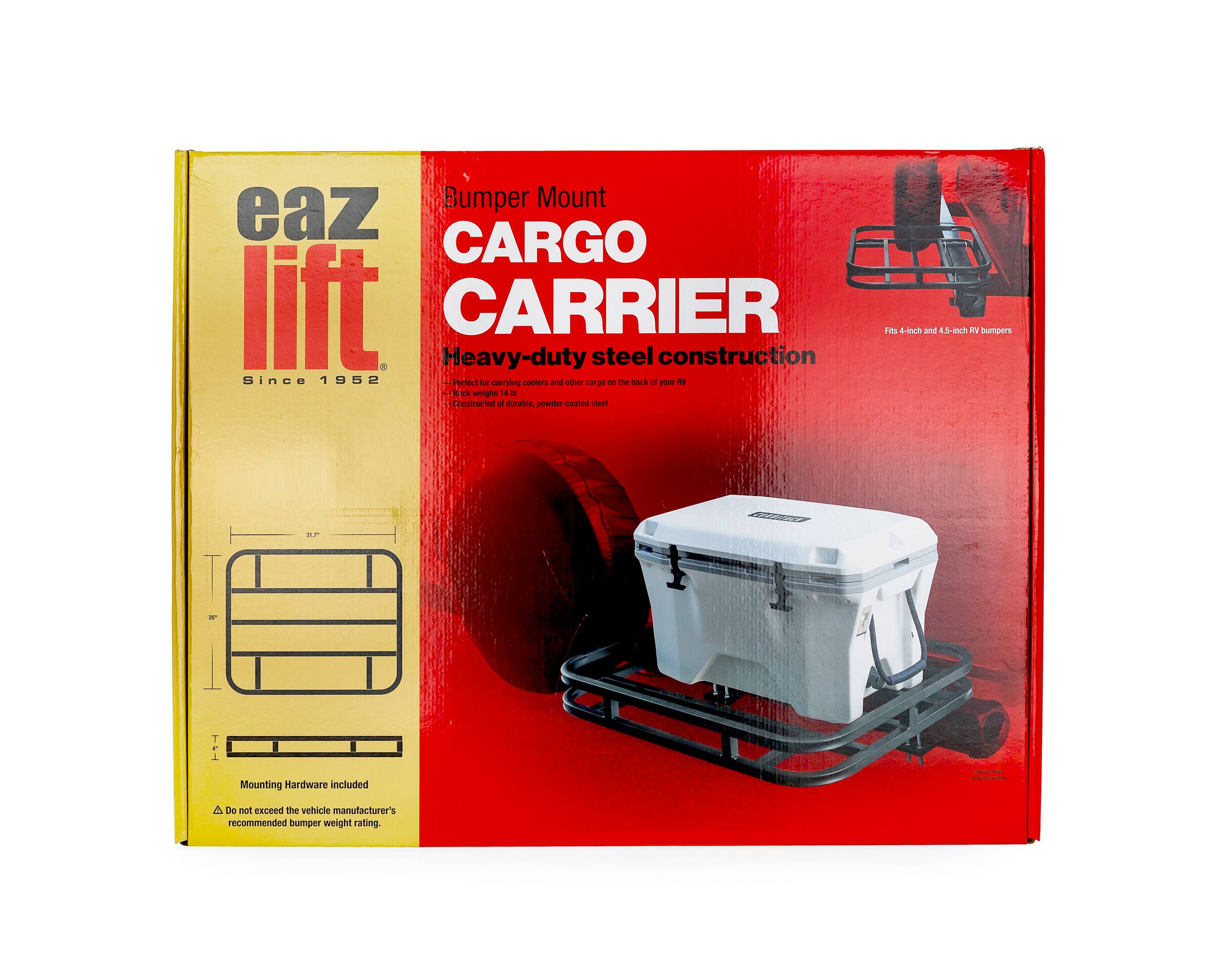 Bumper Mount eaz CARGO lift CARRIER Heavy-duty steel construction Since 1952 Perfect for carrying coolers and other cargo on the back of your RV Rack weights 14 lb Constructed of durable, powder-coated steel Fits 4-inch and 4.5-inch RV bumpers - - - - - - - - - - - - - - - - - - - - - - - - - - - - - - - - - - - - - - - - - - - - - - - - - - - - - - - - - - - - - - - - - - - - - - - - - - - - - - - - - - - - - - - - - - - - - - - - - - - - - - - - - - - - - - - - - - - - - - - - - - - - - - - - - - - - - - - - - - - - - - - - - - - - - - - - - - - - - - - - - - - - - - - - - - - - - - - - - - - - - - - - - - - - - - - - -
