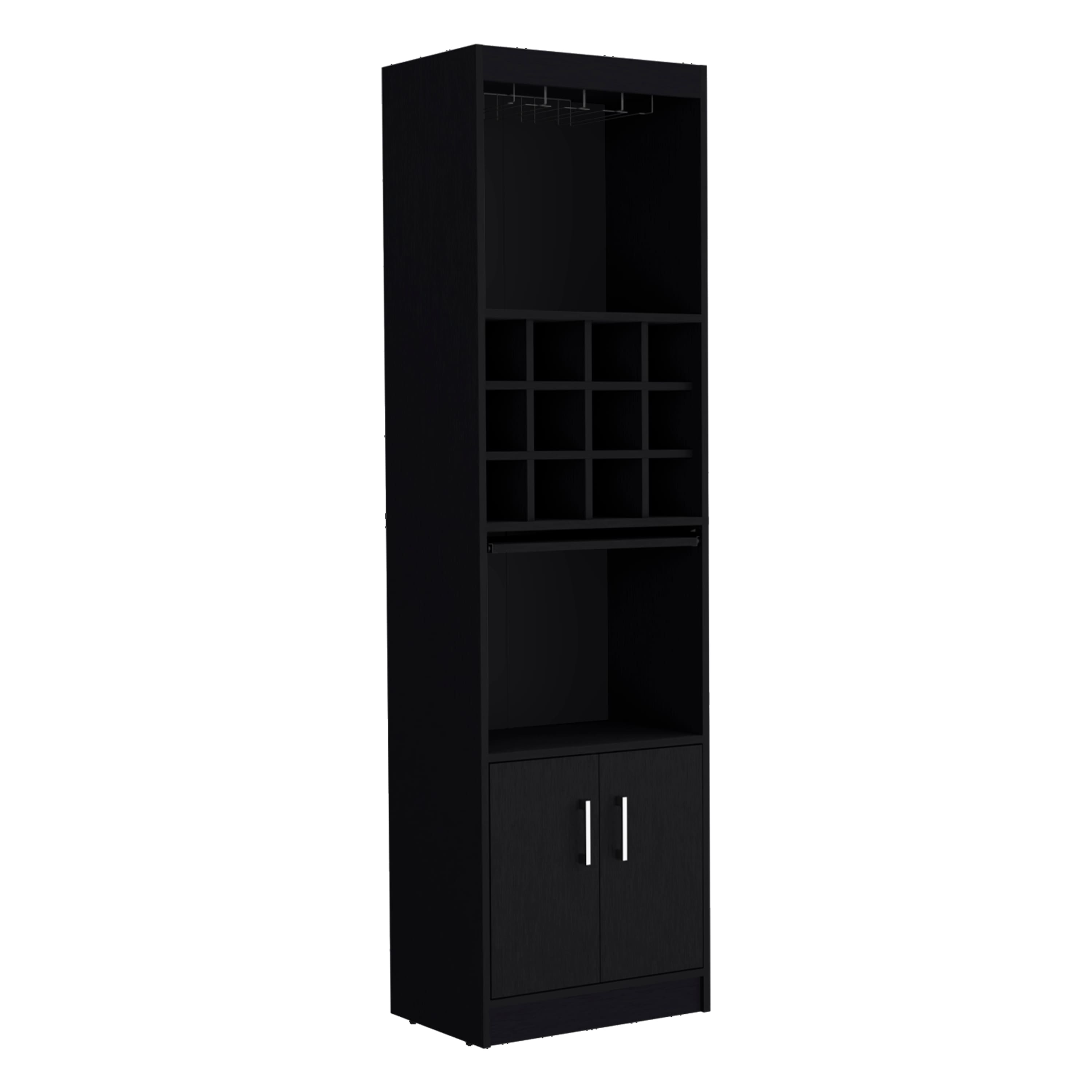 TuHome - Kevil Tall Bar Cabinet 5-Tier Modern Bar Cabinet with Glass Holder Stemware Rack, Wine Cabinet and Liquor Cabinet - Black