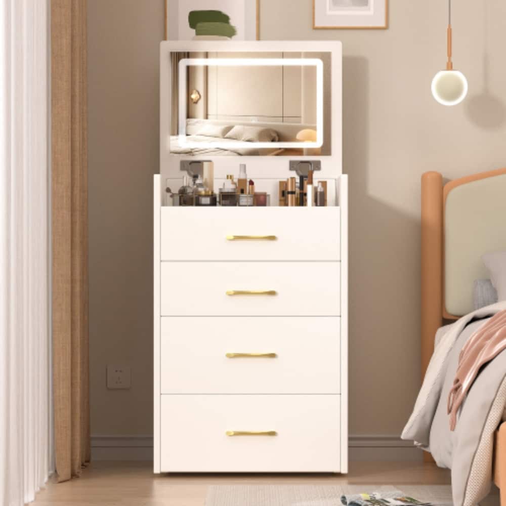 LUCKY ONE - 3-in-1 Vanity Desk with Flip-up Mirror, Glass Desktop, 3 Drawers and Stool for Bedroom - White