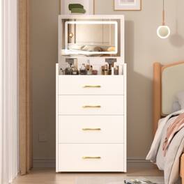 LUCKY ONE - 3-in-1 Vanity Desk with Flip-up Mirror, Glass Desktop, 3 Drawers and Stool for Bedroom - White