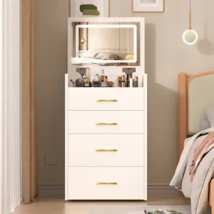 Front. LUCKY ONE - 3-in-1 Vanity Desk with Flip-up Mirror, Glass Desktop, 3 Drawers and Stool for Bedroom - White.