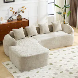 Anysun - Chenille L-Shape Compressed Sofa - High-Elastic Sponge, Curved Armrests & 4 Throw Pillows for Living Room - Khaki
