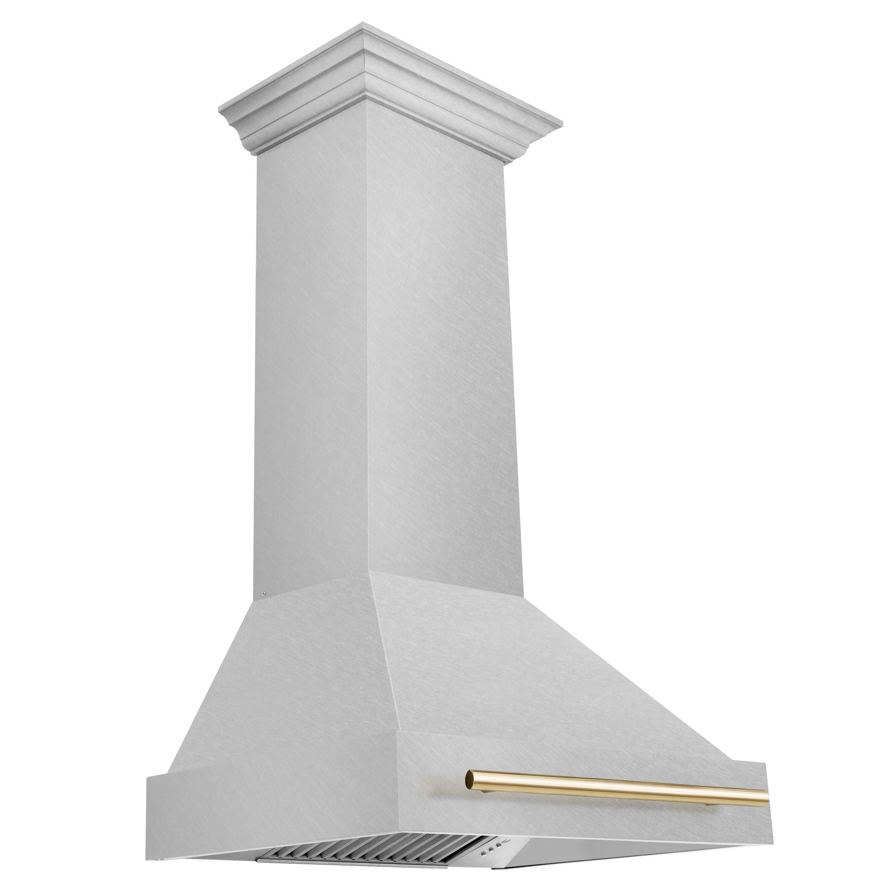 Left. ZLINE - ZLINE Autograph Edition 30 in. Satin Stainless Steel Wall Mount Range Hood with Polished Gold Handle (8654SNZ-30-G) - Satin Stainless Steel.