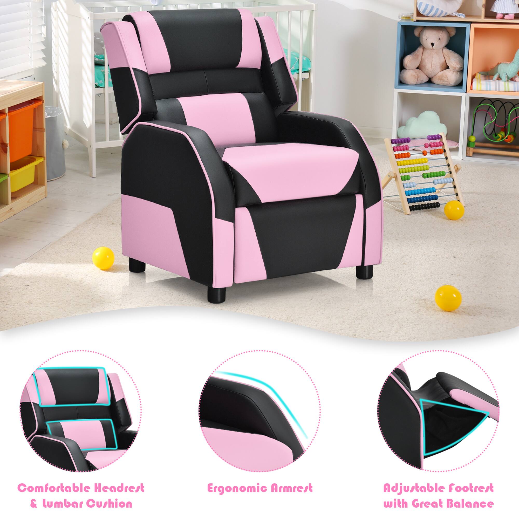 Comfortable Headrest & Lumbar Cushion  
Ergonomic Armrest  
Adjustable Footrest with Great Balance