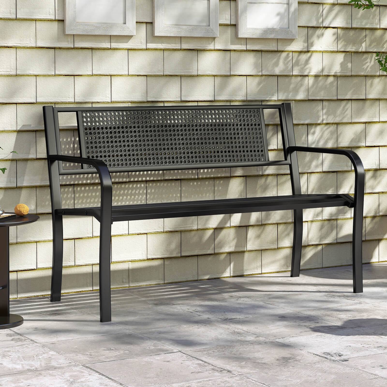 Alt View 1. Costway - Costway 50" Garden Bench with Patterned Backrest and Curved Armrests for Porch Lawn - Black.