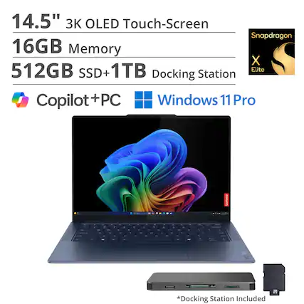 14.5" 3K OLED Touch-Screen
16GB Memory
512GB SSD + 1TB
Snapdragon X Elite
Copilot+PC
Windows 11 Pro
Docking Station Included