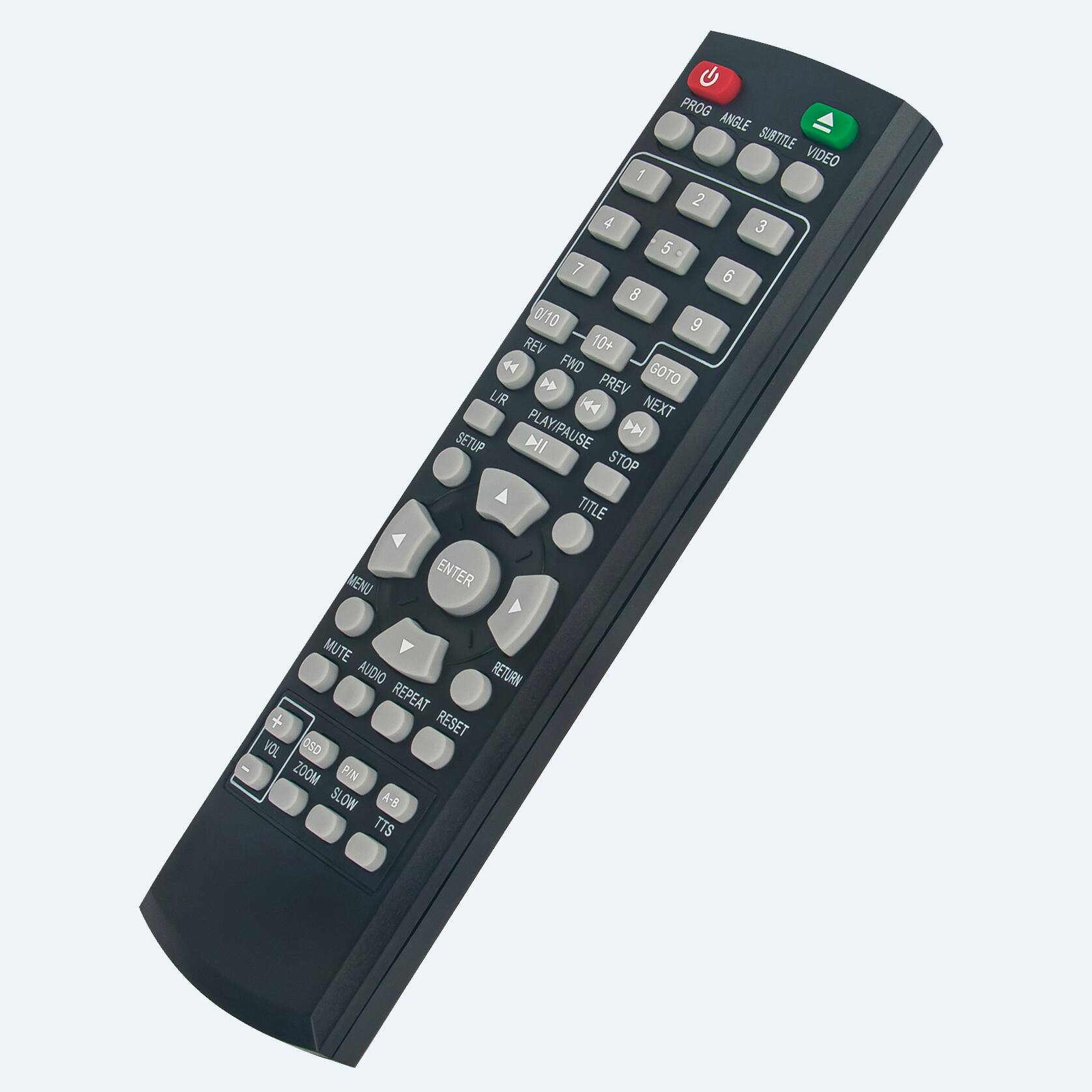 PROG ANGLE SUBTITLE VIDEO 1 2 3 4 5 6 7 8 9 0/10 10+ FWD GOTO PREV NEXT PLAY/PAUSE REV STOP TITLE MENU ENTER MUTE AUDIO RETURN REPEAT RESET VOL OSD ZOOM P/N SLOW A-B TTS