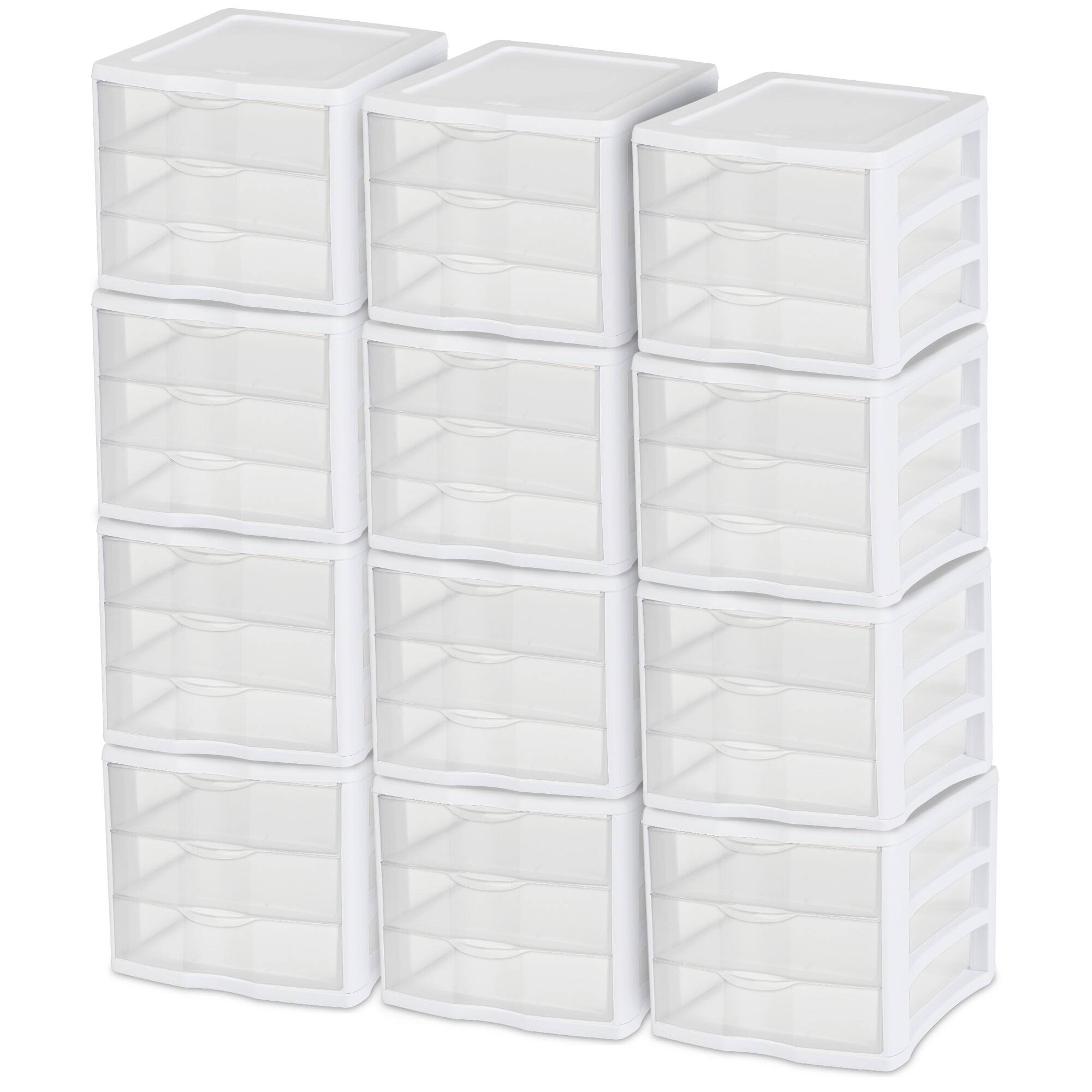 Front. Sterilite - Sterilite ClearView Compact Stacking 3 Drawer Storage Organizer System, 12 Pack.