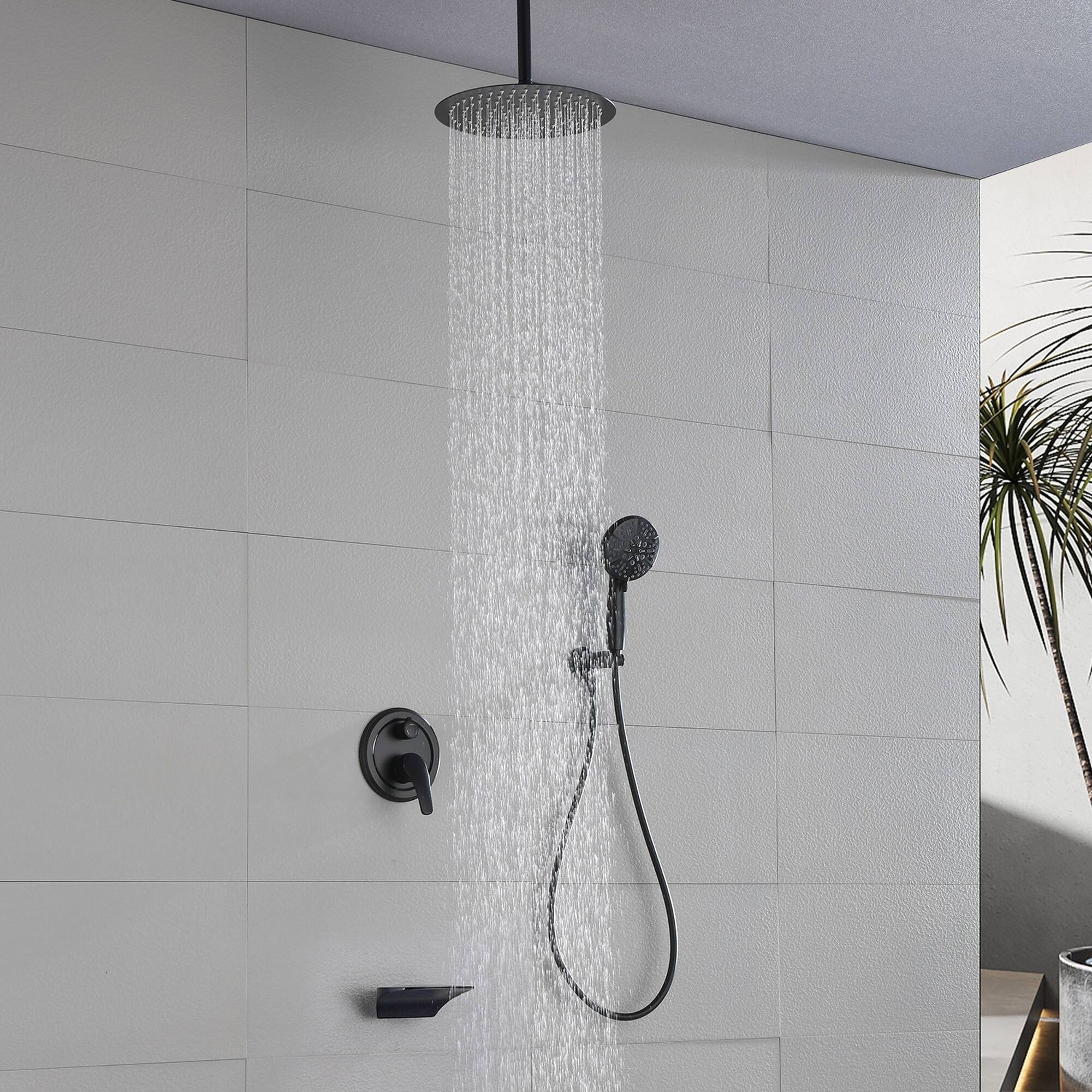 Alt View 1. Boyel Living - Matte Black 12-Inch Rain Shower System Brass SUS304 3-Function Valve 7-Function Handheld cUPC - Black.