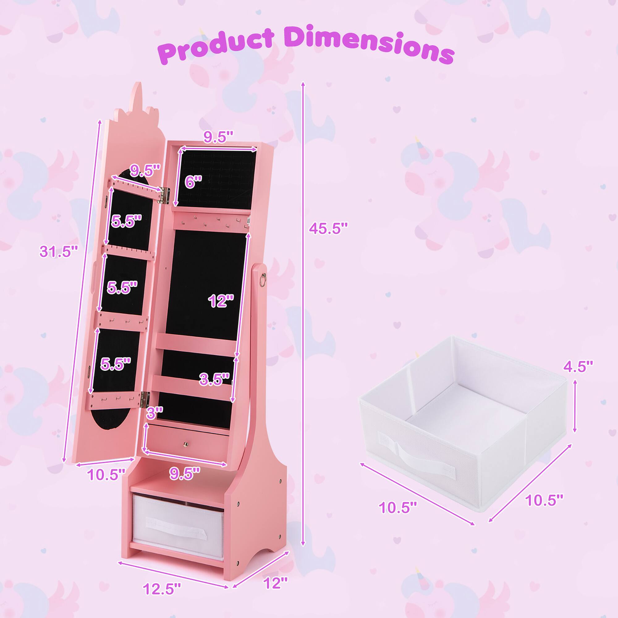 Product Dimensions:  
- Height: 45.5"  
- Width: 31.5"  
- Depth: 12"  
- Shelf 1: 9.5" (Height) x 5.5" (Depth)  
- Shelf 2: 9.5" (Height) x 5.5" (Depth)  
- Shelf 3: 9.5" (Height) x 5.5" (Depth)  
- Shelf 4: 12" (Height) x 3.5" (Depth)  
- Bottom Drawer: 10.5" (Height) x 9.5" (Width) x 10.5" (Depth)  
- Top Box: 10.5" (Width) x 10.5" (Depth) x 4.5" (Height)