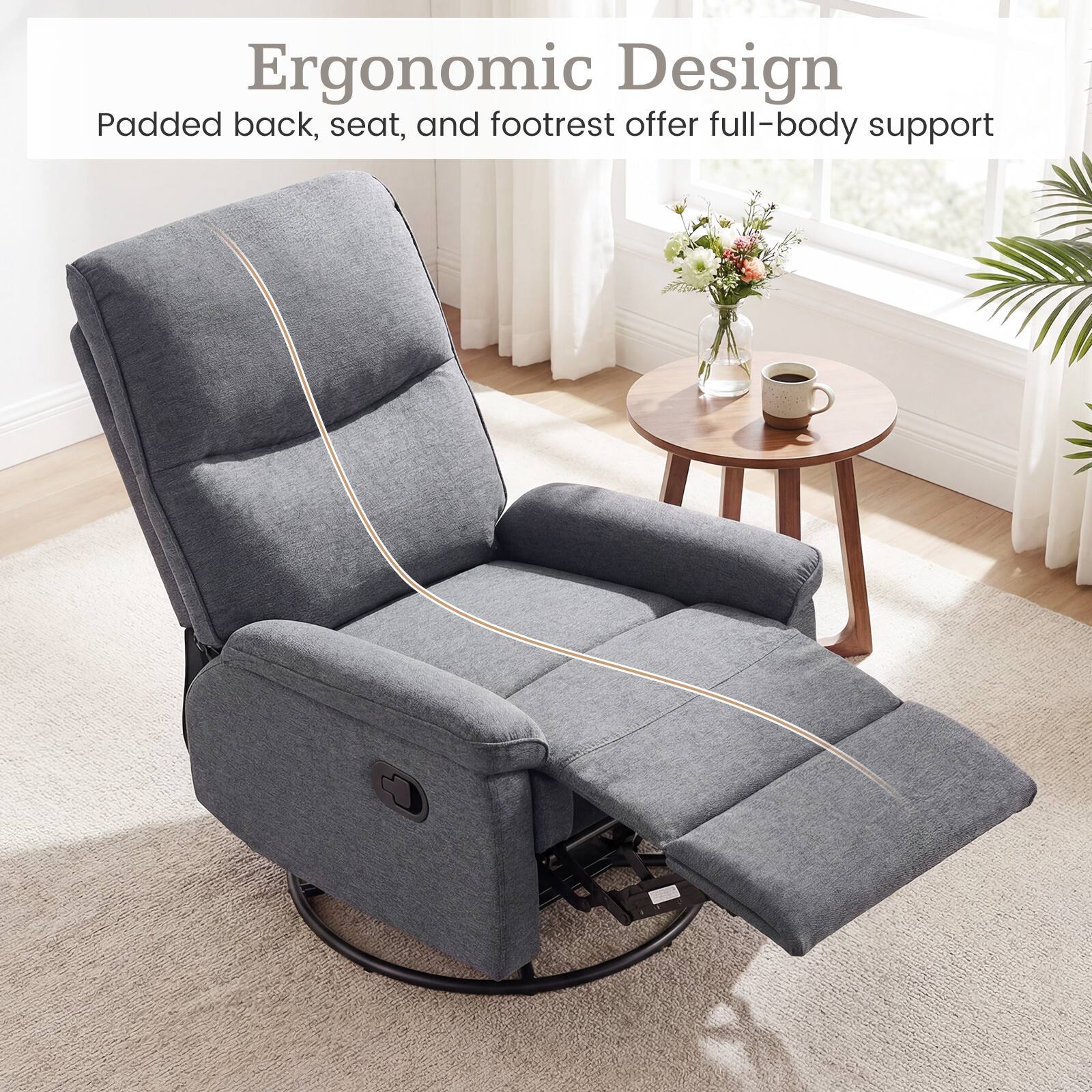 Ergonomic Design  
Padded back, seat, and footrest offer full-body support