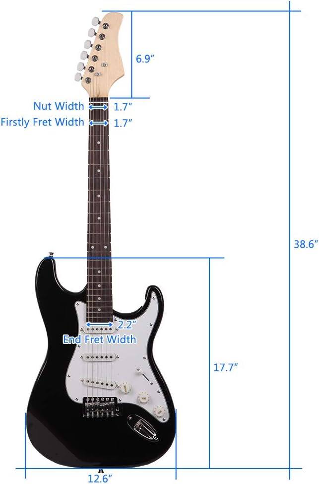 Sure, here is the corrected and grouped text from the image:

- Nut Width: 1.7"
- Firstly Fret Width: 1.7"
- End Fret Width: 2.2"
- Body Length: 38.6"
- Neck Length: 17.7"
- Overall Length: 12.6"