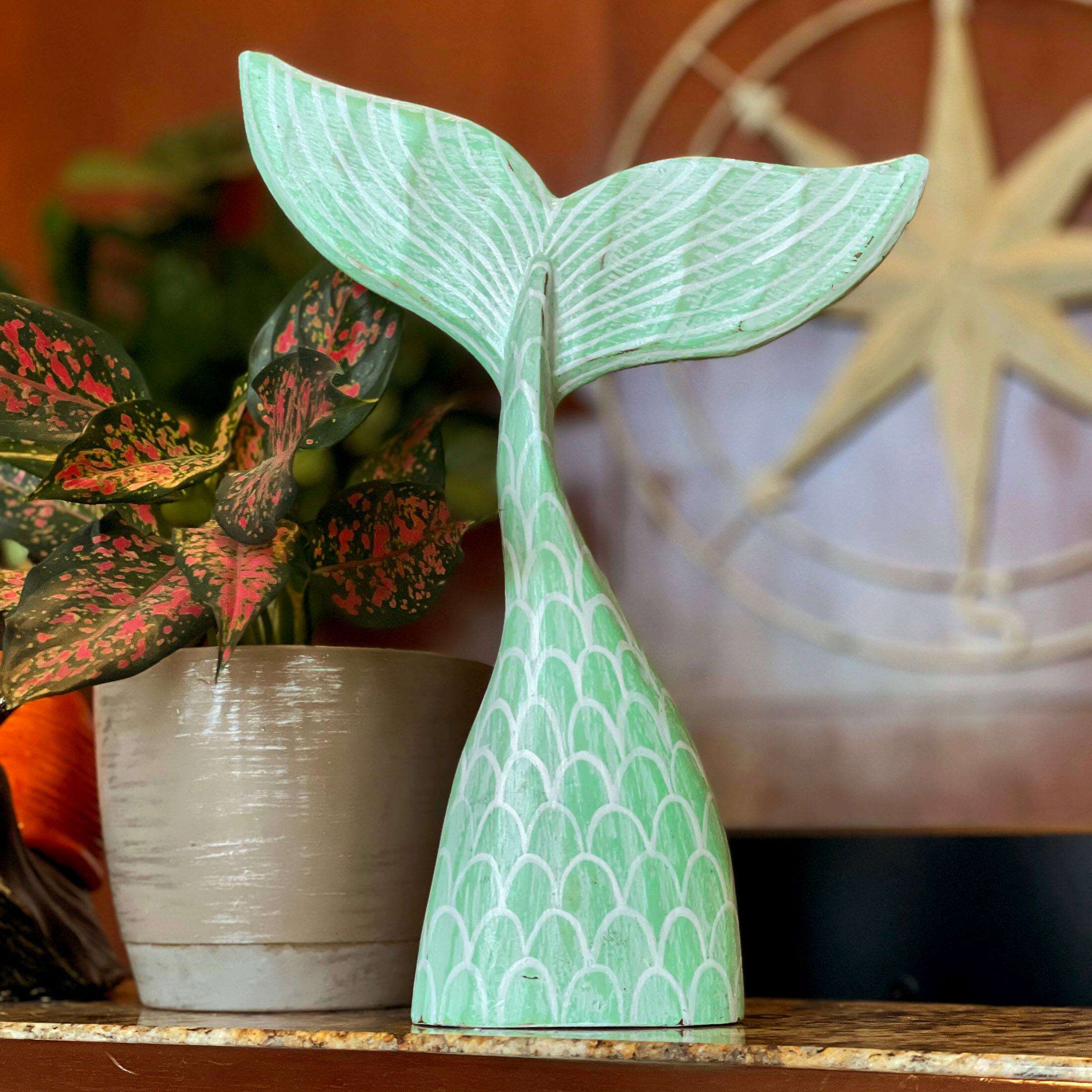 Alt View 3. Things2Die4 - Turquoise Wood Mermaid Tail Sculpture 13.75" Coastal Table Decor Ocean Art - Turquoise.