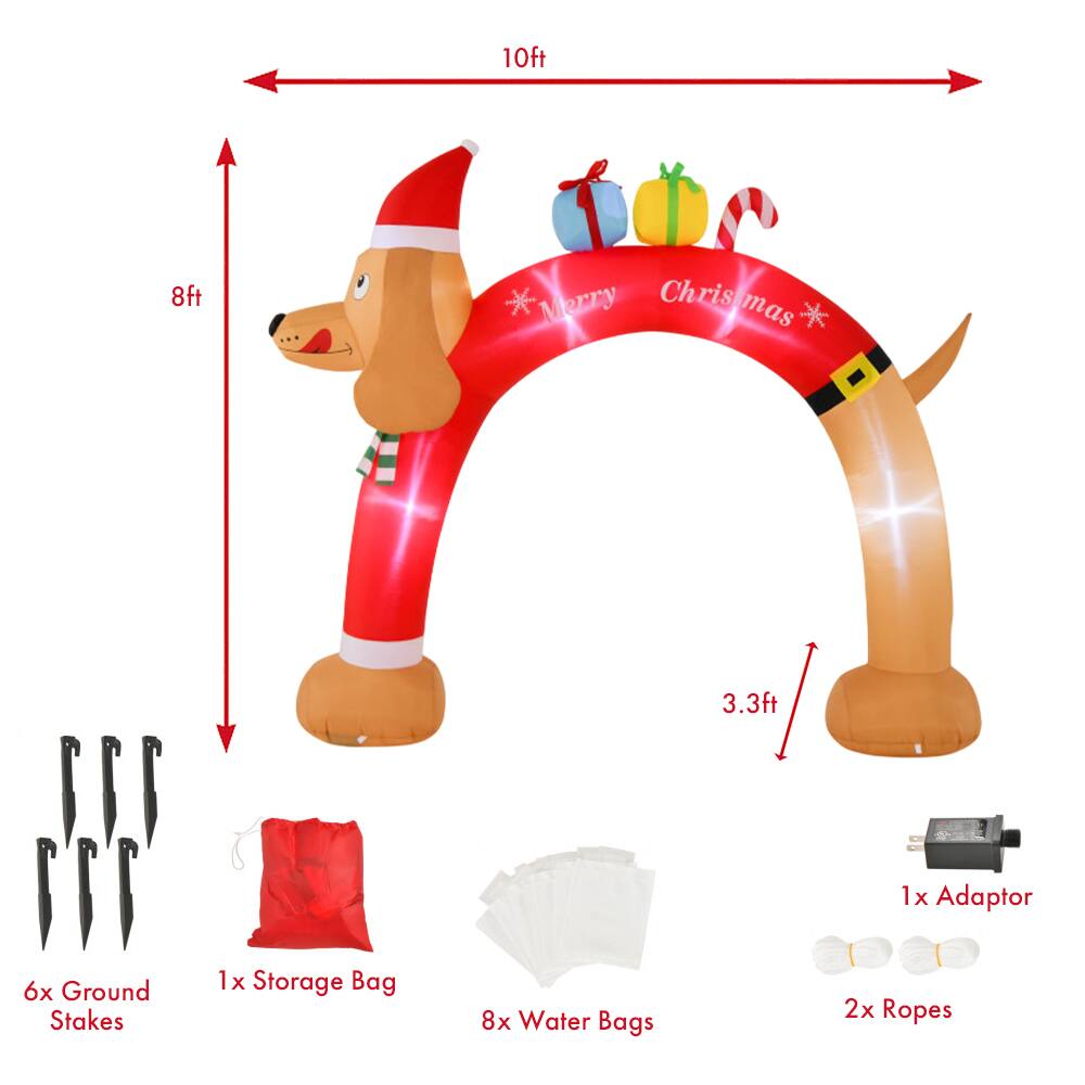 10ft 8ft 3.3ft  
1x Adaptor  
6x Ground Stakes  
1x Storage Bag  
8x Water Bags  
2x Ropes