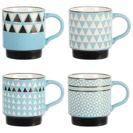 Mr. Coffee - Primevalley 4 Piece 14 Ounce Stackable Assorted Wax Relief Triangle Design Mug Set - Blue