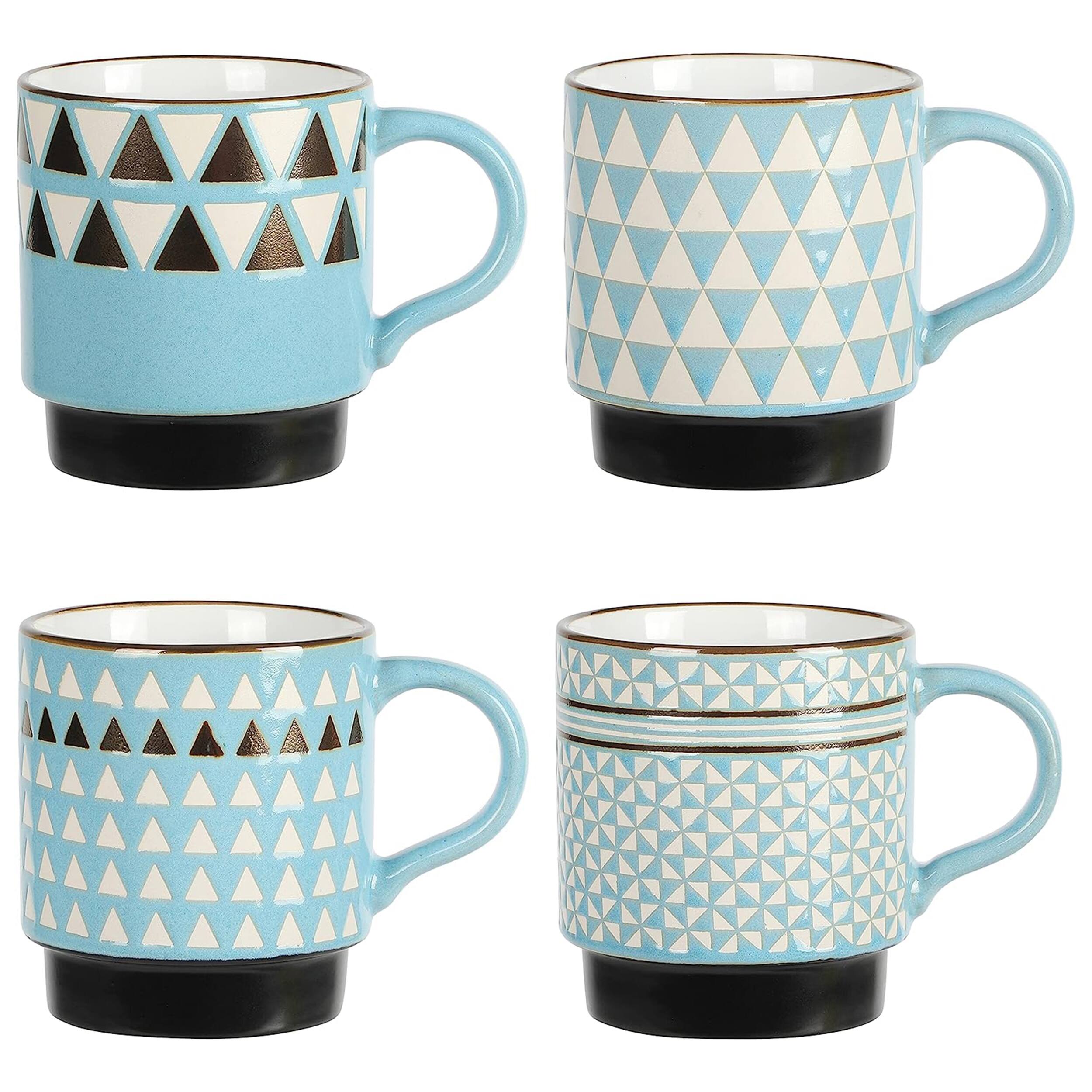 Front. Mr. Coffee - Mr. Coffee Primevalley 4 Piece 14 Ounce Stackable Assorted Wax Relief Triangle Design Mug Set - Blue.