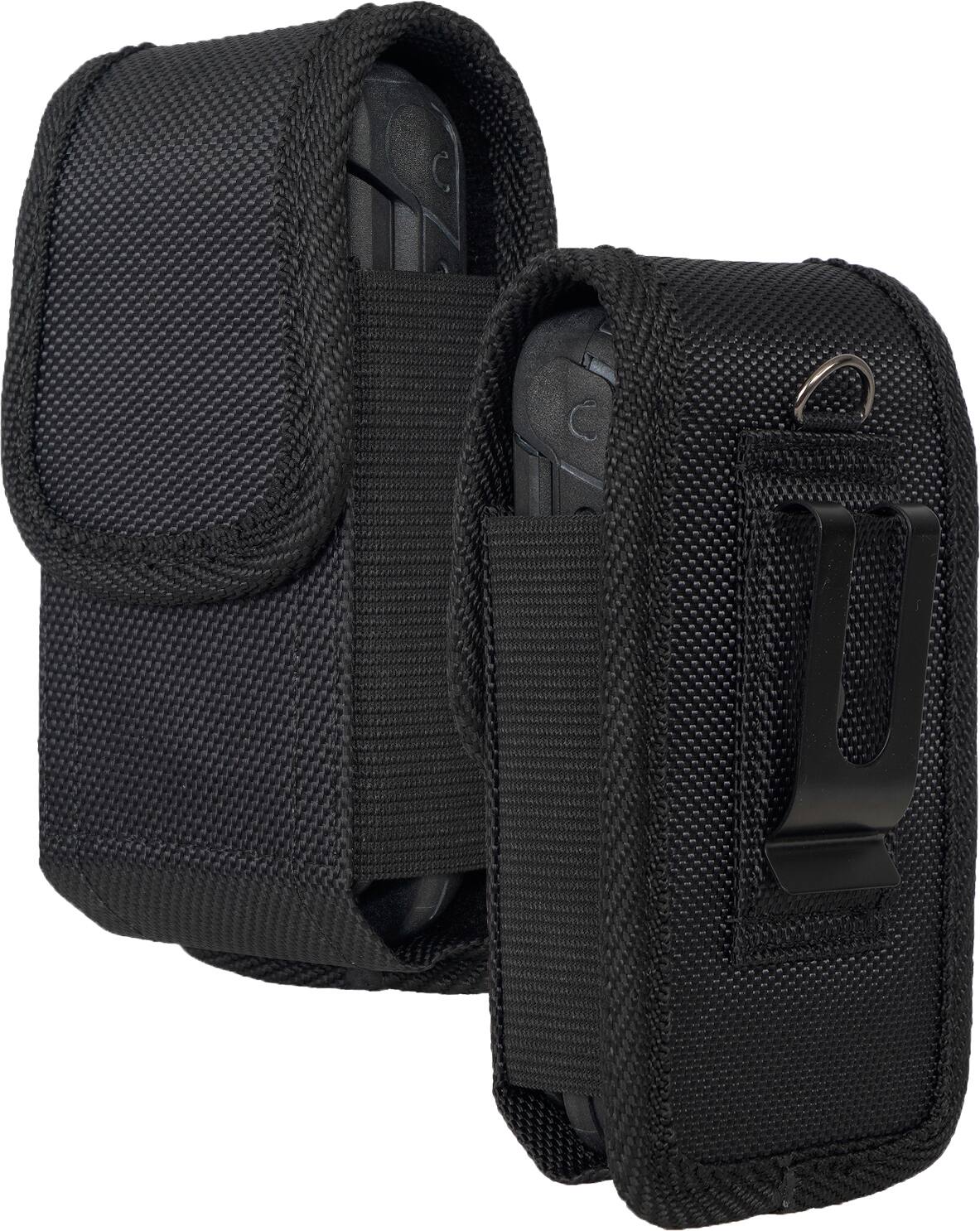 Front. Nakedcellphone - Tough Canvas Case Pouch with Clip and Belt Harness for Sonim XP3plus 5G Flip Phone (X320/2025) or Siyata SD7 Radio - Black.