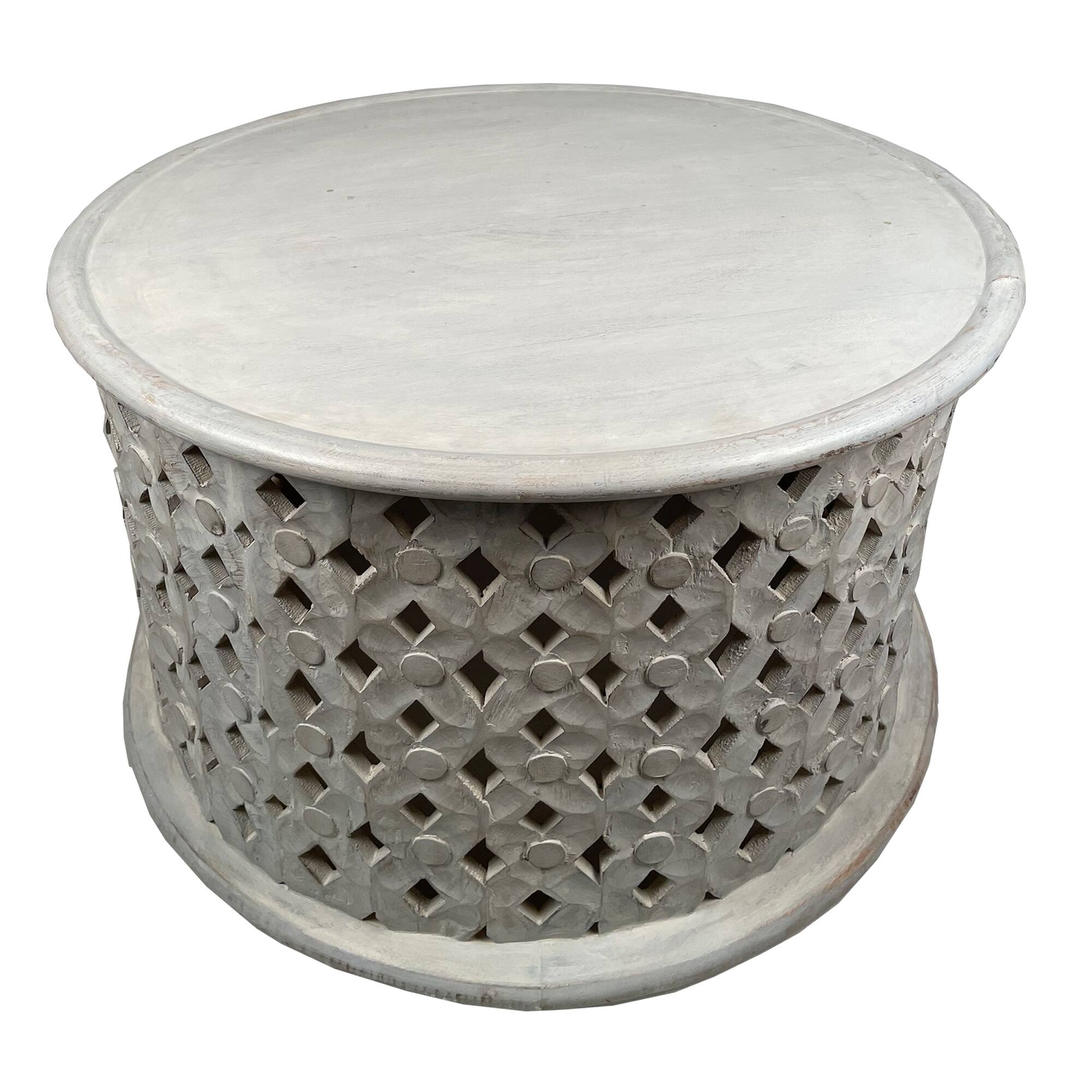 Alt View 1. Manhattan Lane - Cato 28 Inch Artisanal Round Mango Wood Coffee Table, Intricate Diamond Lattice Cut Out Frame - White.