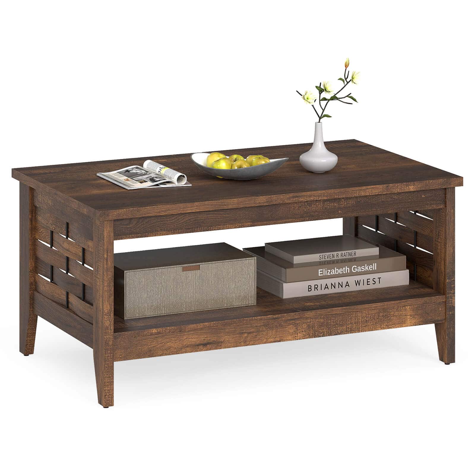 Costway - 39.5" 2-Tier Coffee Table with Open Shelf Woven Decorations Storage for Living Room - Brown