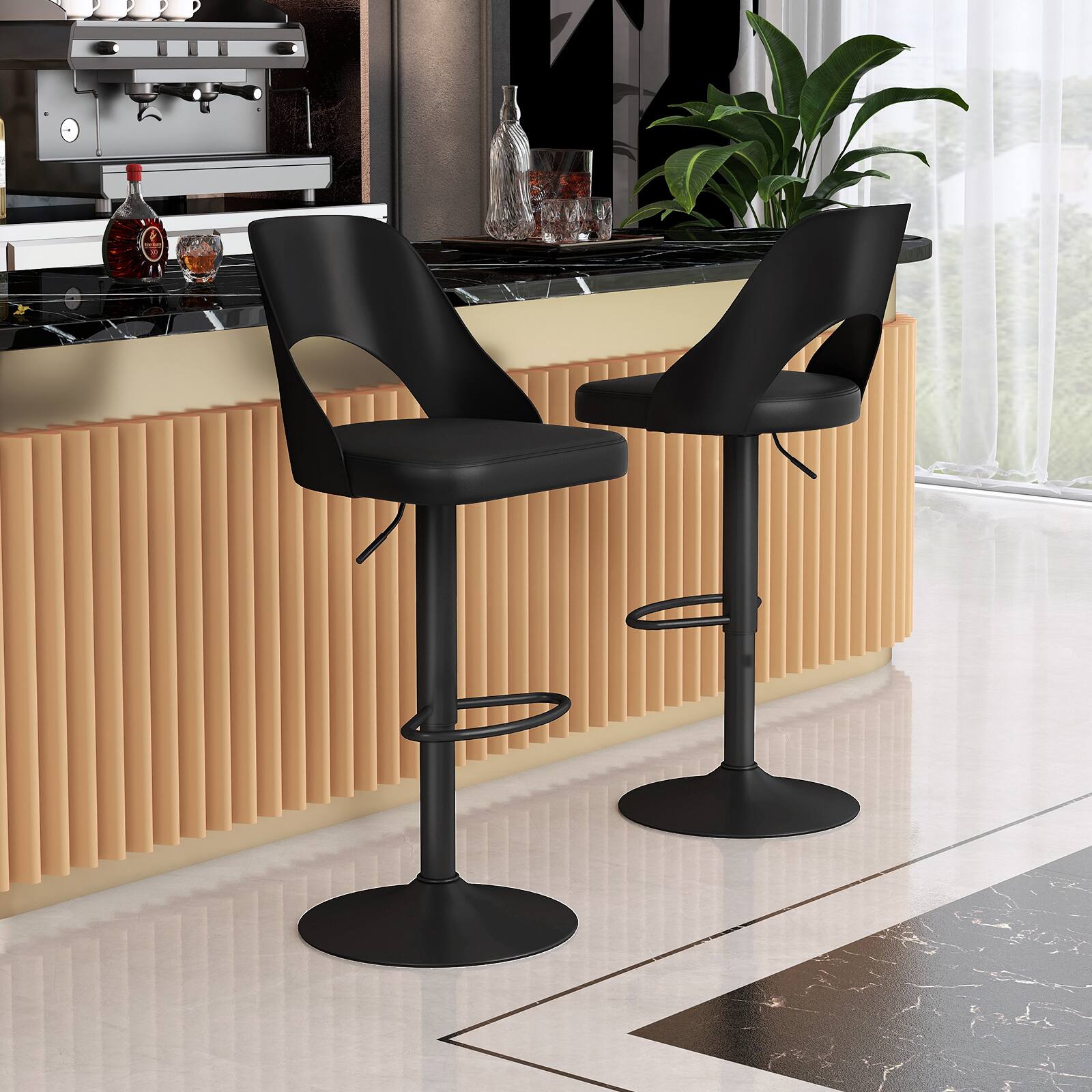 Alt View 3. Gymax - Gymax Bar Stools Set of 2 w/Enlarged PU Leather Seat Footrest Swivel Bar Chairs Black - Black.