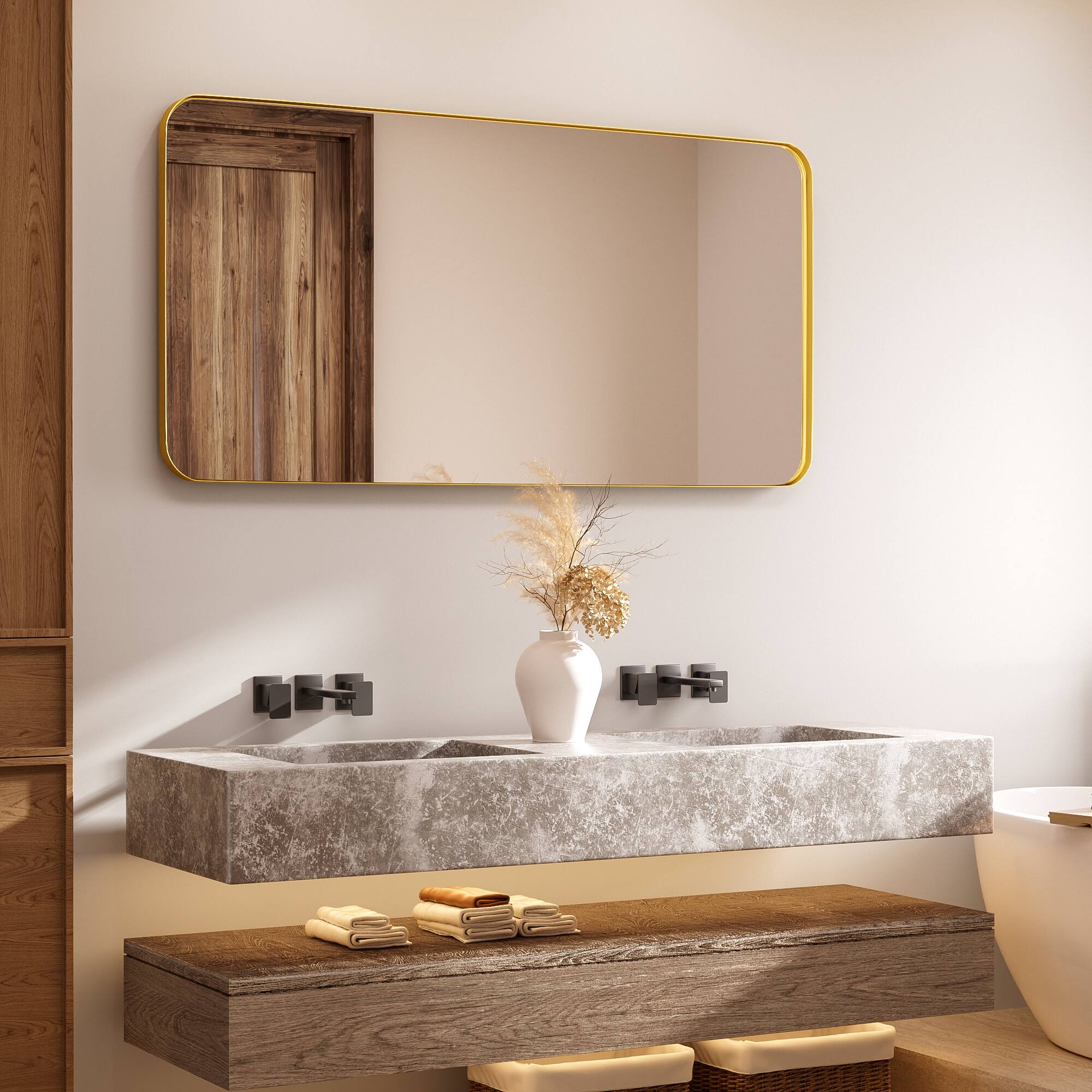 LOVMOR Tempered Glass Rounded Rectangle Framed Wall Mounted Bathroom ...