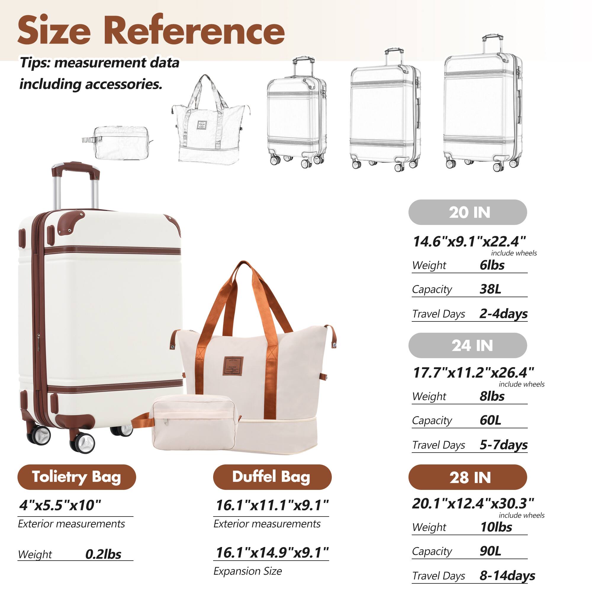 **Size Reference**

Tips: measurement data including accessories.

- **Toiletry Bag**
  - Exterior measurements: 4"x5.5"x10"
  - Weight: 0.2lbs

- **Duffel Bag**
  - Exterior measurements: 16.1"x11.1"x9.1"
  - Expansion Size: 16.1"x14.9"x9.1"

- **20 IN**
  - Dimensions: 14.6"x9.1"x22.4" (include wheels)
  - Weight: 6lbs
  - Capacity: 38L
  - Travel Days: 2-4 days

- **24 IN**
  - Dimensions: 17.7"x11.2"x26.4" (include wheels)
  - Weight: 8lbs
  - Capacity: 60L
  - Travel Days: 5-7 days

- **28 IN**
  - Dimensions: 20.1"x12.4"x30.3" (include wheels)
  - Weight: 10lbs
  - Capacity: 90L
  - Travel