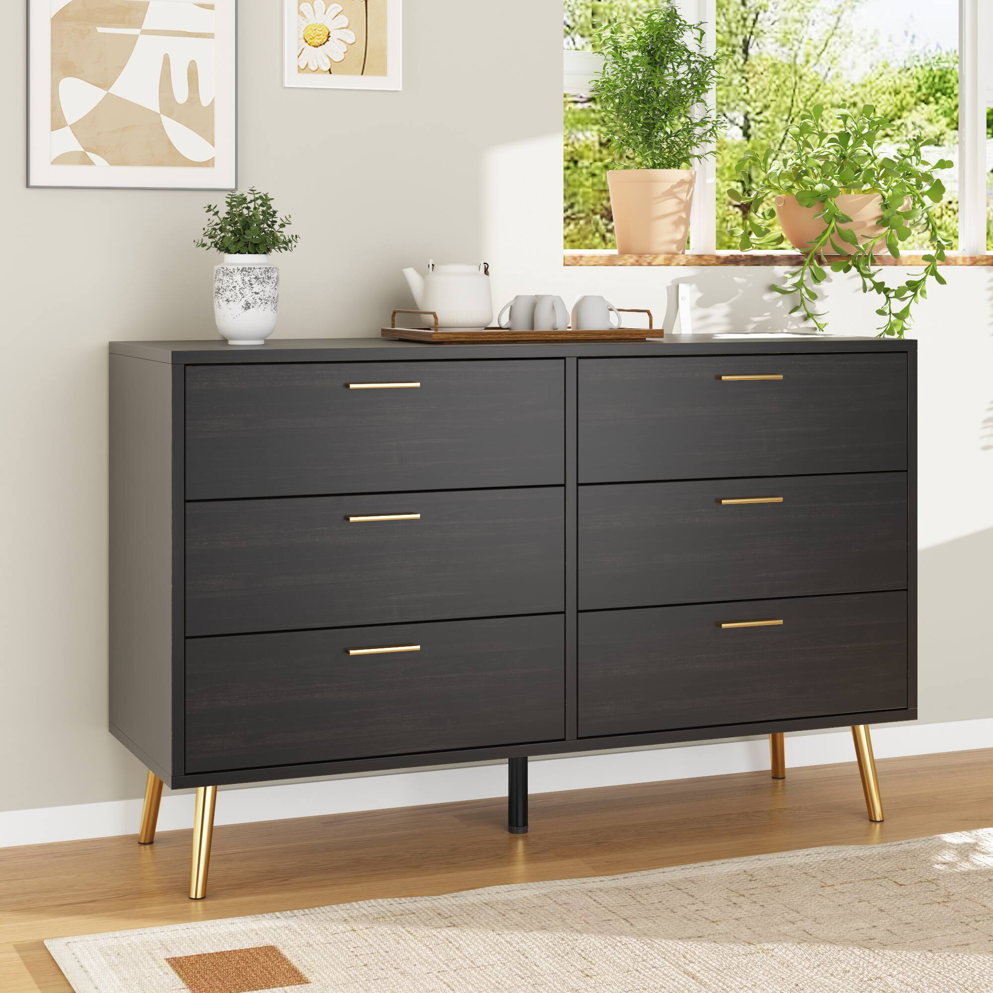 Alt View 6. FUFU & GAGA - FUFU&GAGA 6 - Drawer Double Dresser with Metal Legs Modern Storage Solution - Brown.