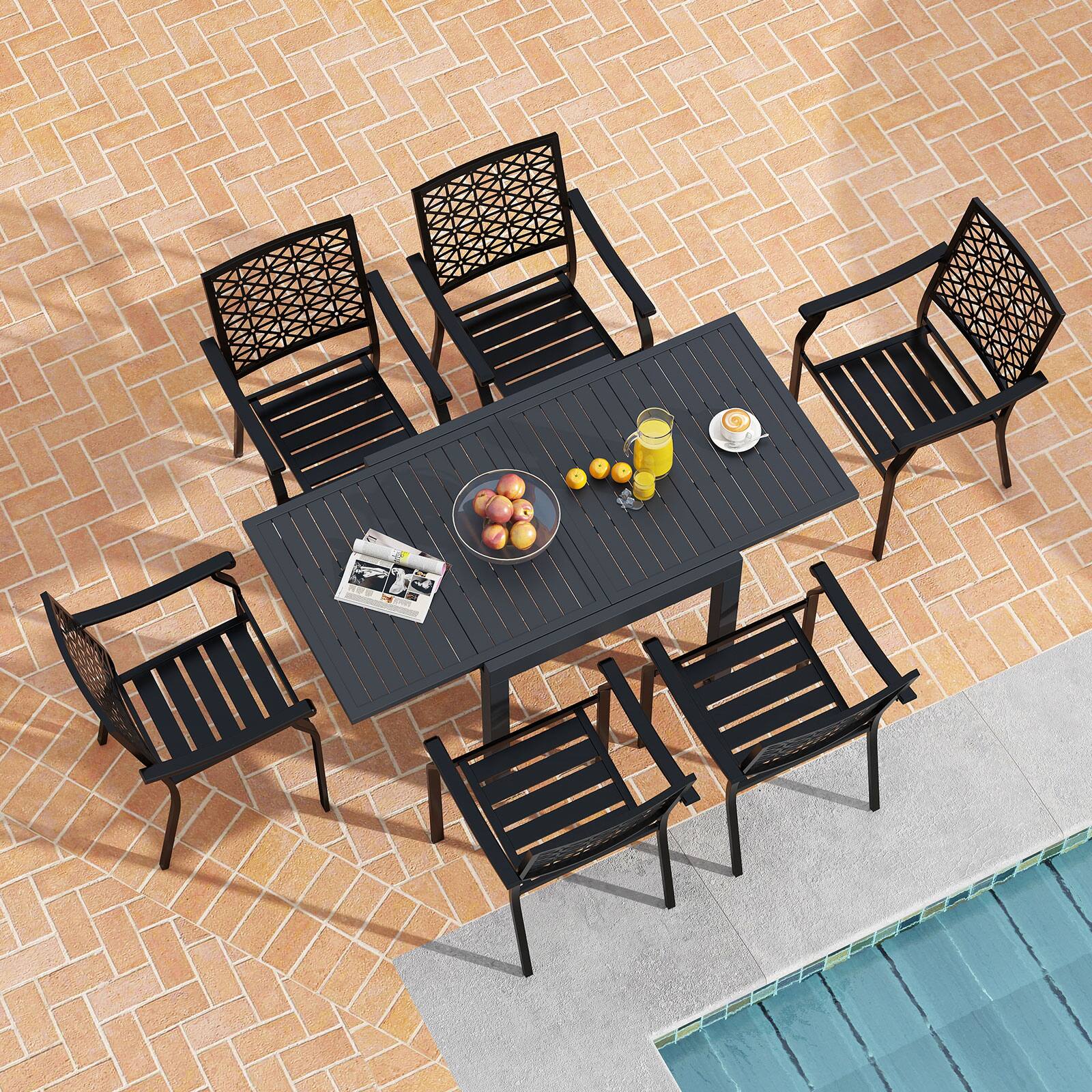 Alt View 1. Gymax - Gymax 7PCS Expandable Outdoor Dining Set w/Slatted Tabletop & Seats for Deck Garden - Black.