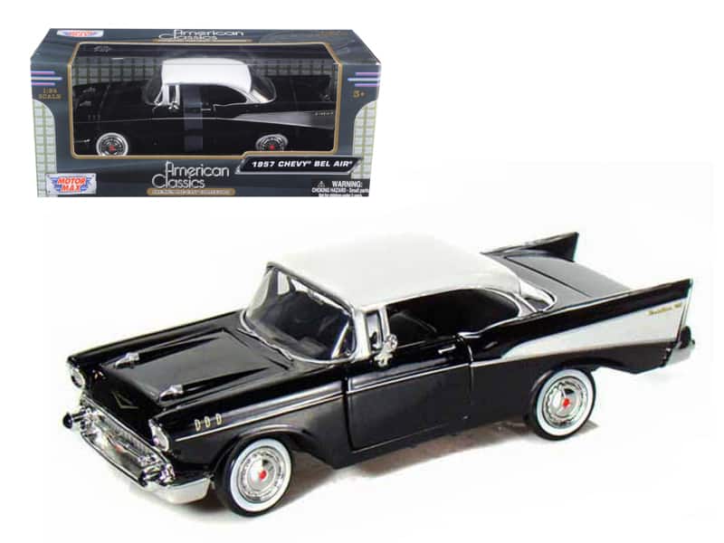 1957 Chevrolet Bel Air Top 1/24 Diecast Model Car by Motormax - Black with White