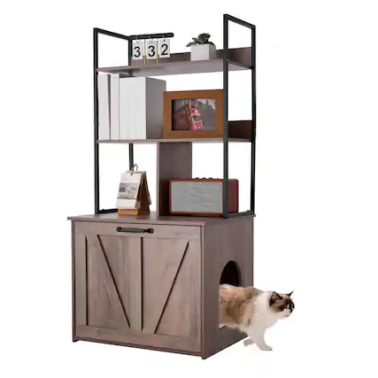 Front. VEVOR - Cat Litter Box Enclosure Furniture, 23.6 in Hidden Litter Box Cabinet with Storage Shelves, Modern Style - Grey+Black.