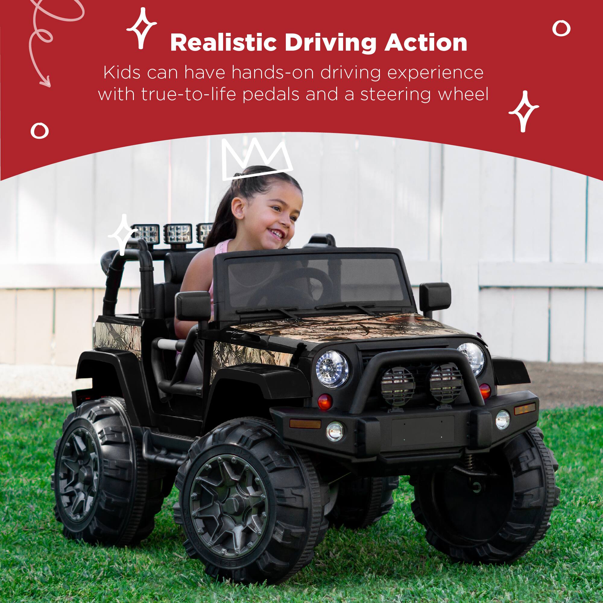 Realistic Driving Action  
Kids can have hands-on driving experience with true-to-life pedals and a steering wheel