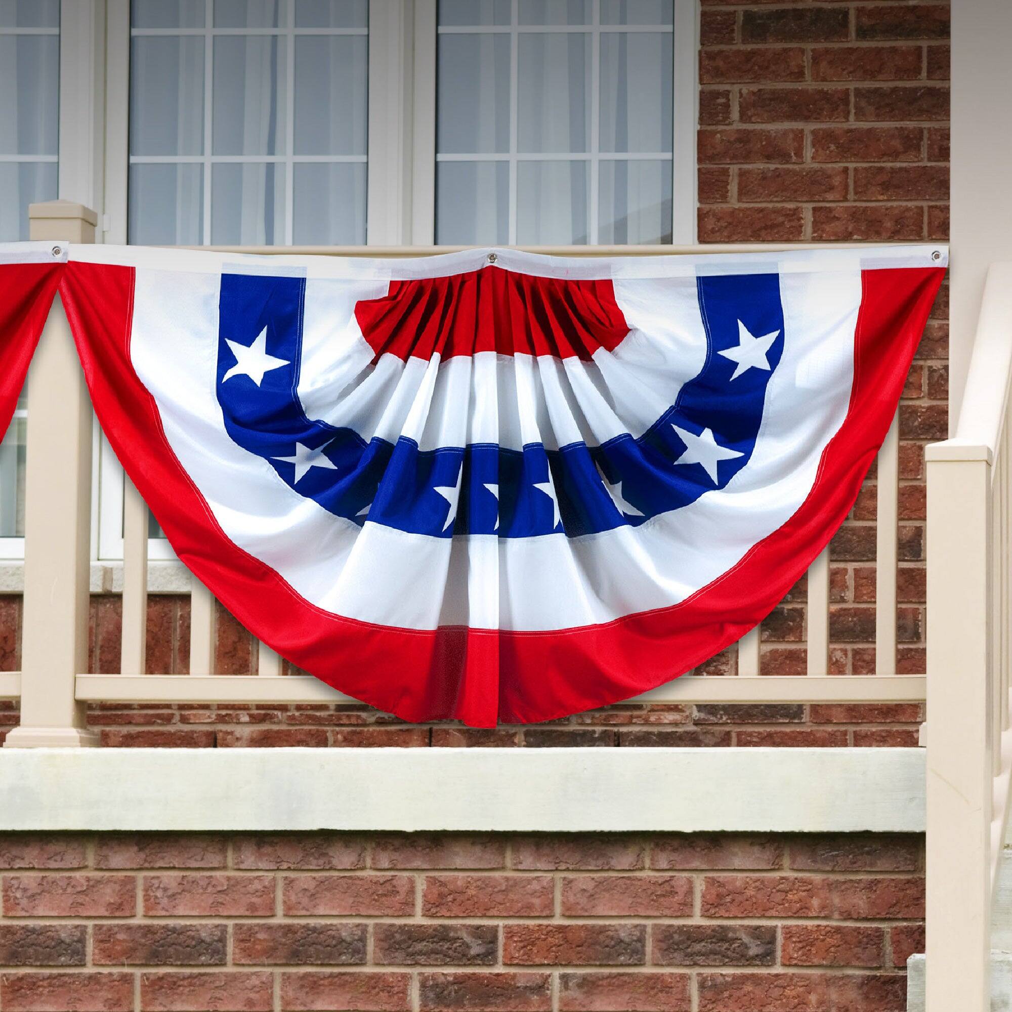 Front. G128 - USA Pleated Fan Flag 3 x 6 ft Stars and Stripes Bunting with Canvas Header and Brass Grommets - Red, white, and blue.