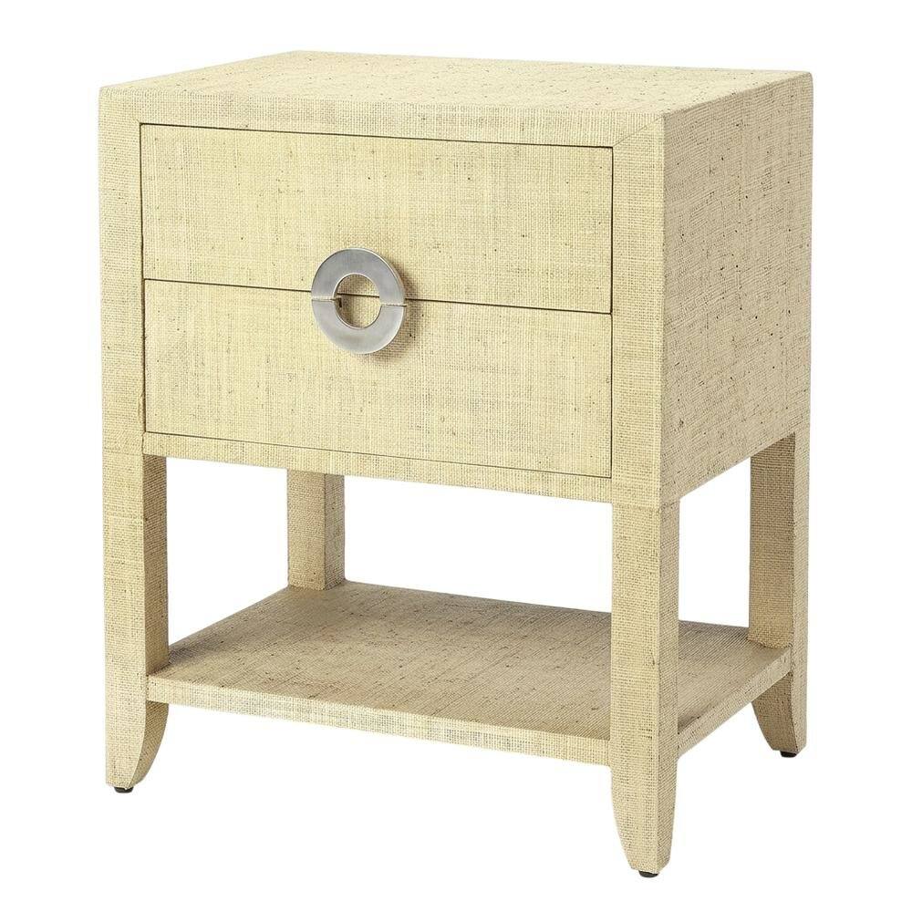 Angle. Starlight Canyon Home - Raffia Nightstand with 2 Drawers, Coastal Bedside End Table for Bedroom - Cream,Yellow.