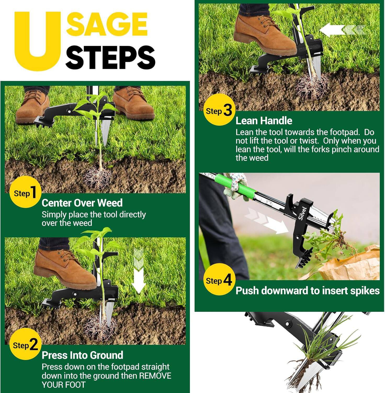 Alt View 3. Silvel - SILVEL Stand Up Weeder Puller, 4-Claws Gardening Weeding Tools  for Garden/Lawn/Patio/Farm Use - Green.