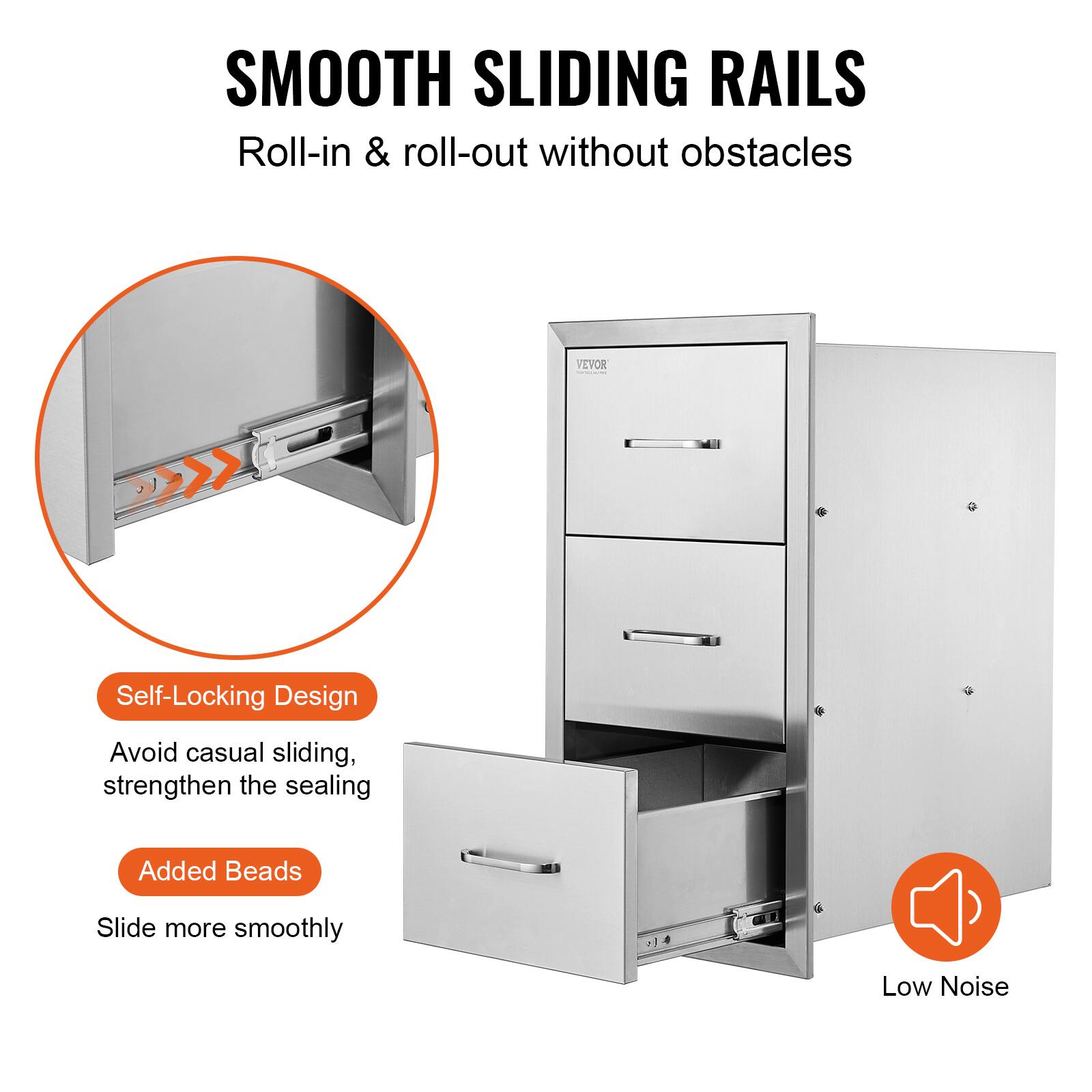 SMOOTH SLIDING RAILS  
Roll-in & roll-out without obstacles  

Self-Locking Design  
Avoid casual sliding, strengthen the sealing  

Added Beads  
Slide more smoothly  

Low Noise