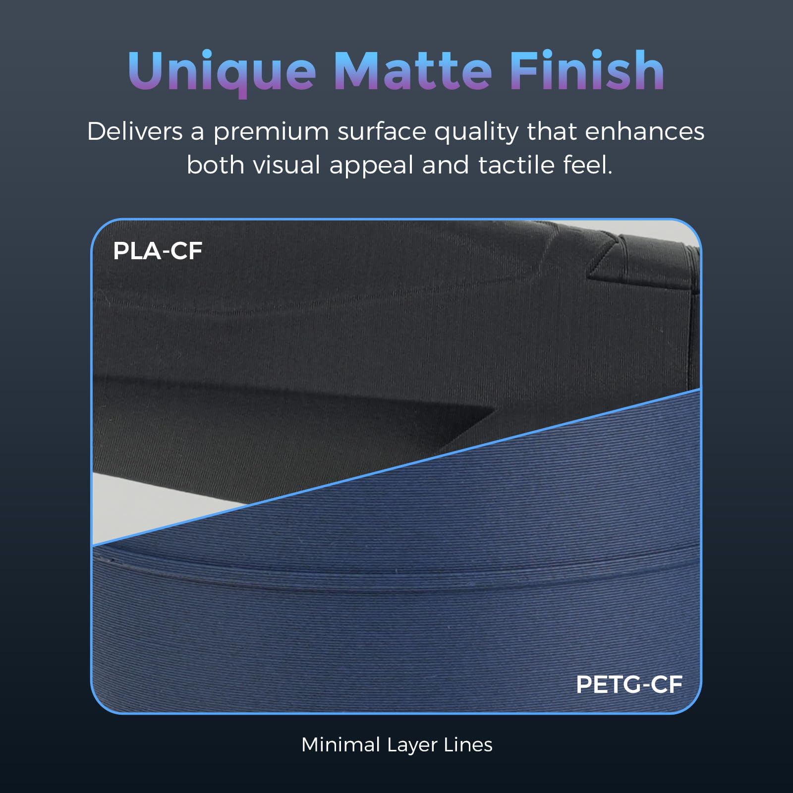 Unique Matte Finish  
Delivers a premium surface quality that enhances both visual appeal and tactile feel.  

PLA-CF  
PETG-CF  

Minimal Layer Lines