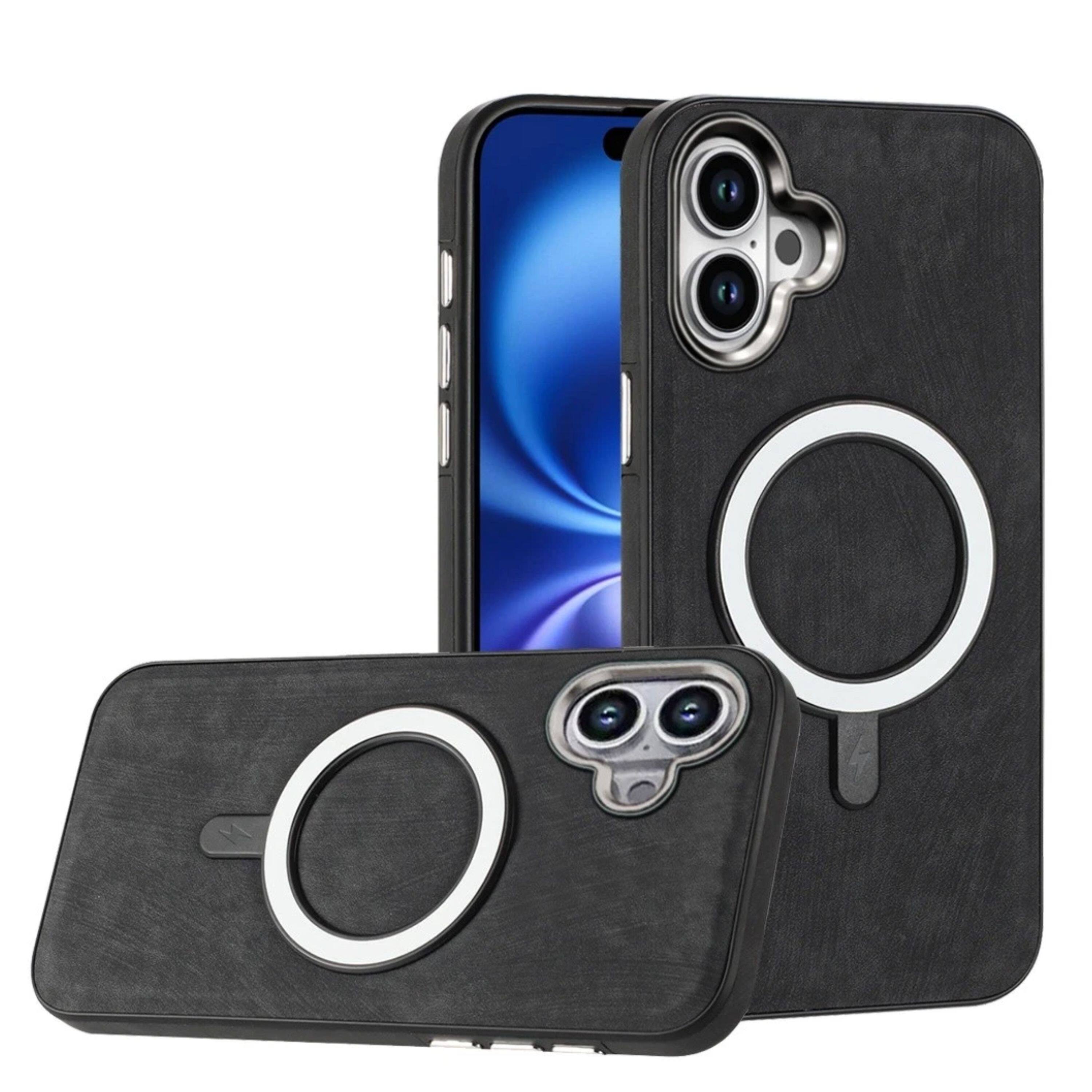 Angle. Kitcheniva - Soft Vegan Leather Magnetic Circle Phone Case With Tempered Glass For iPhone 17 - Black.