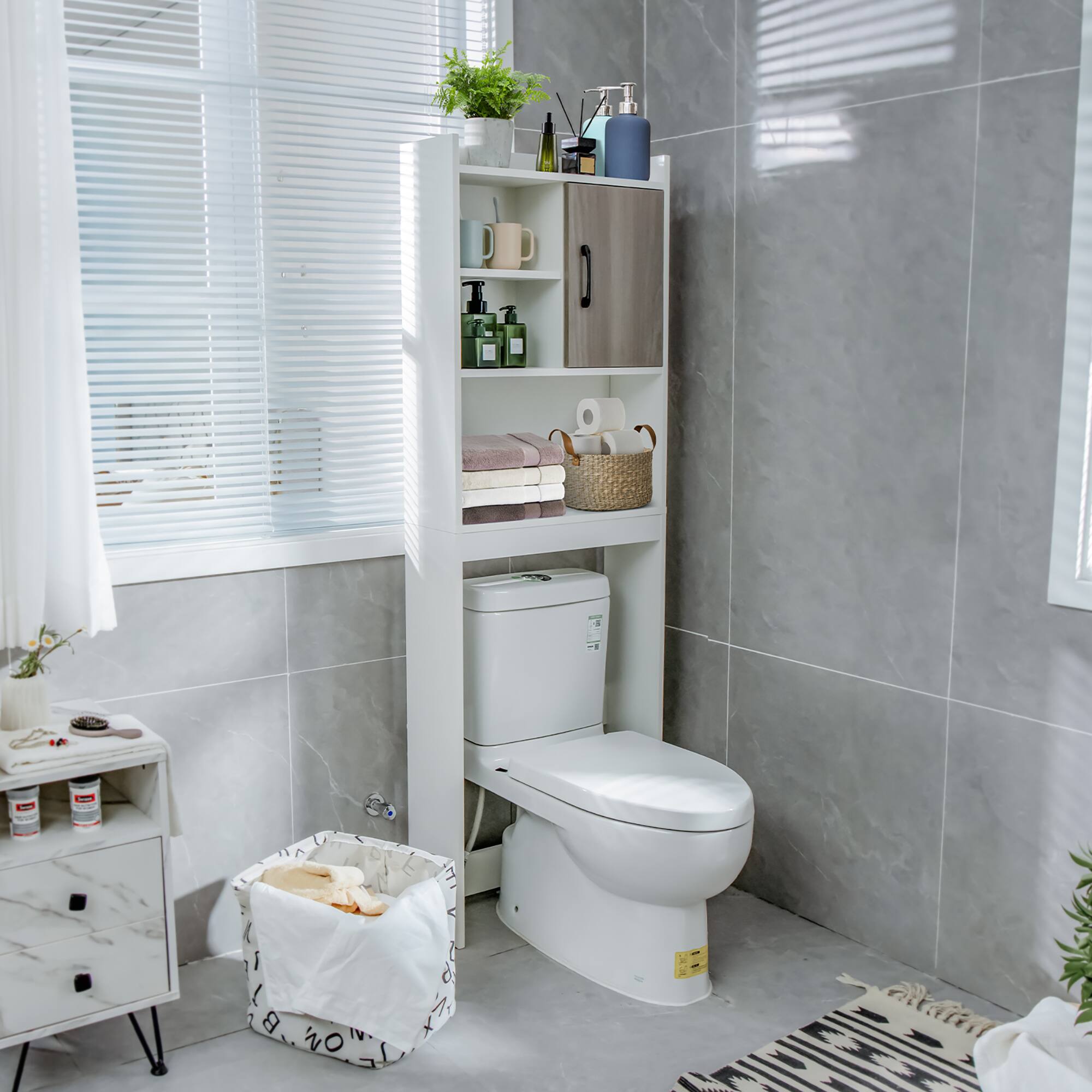 Alt View 1. Costway - Costway Over The Toilet Storage Cabinet Bathroom Space Saver w/ Open Shelves & Door - White.