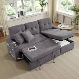 Tiramisubest - Reversible Sectional Sofa,Pull Out Sleeper Sofa with Storage Chaise|USB Charge|Cup Holder|Removable Backrest,Light Grey - Light Gray