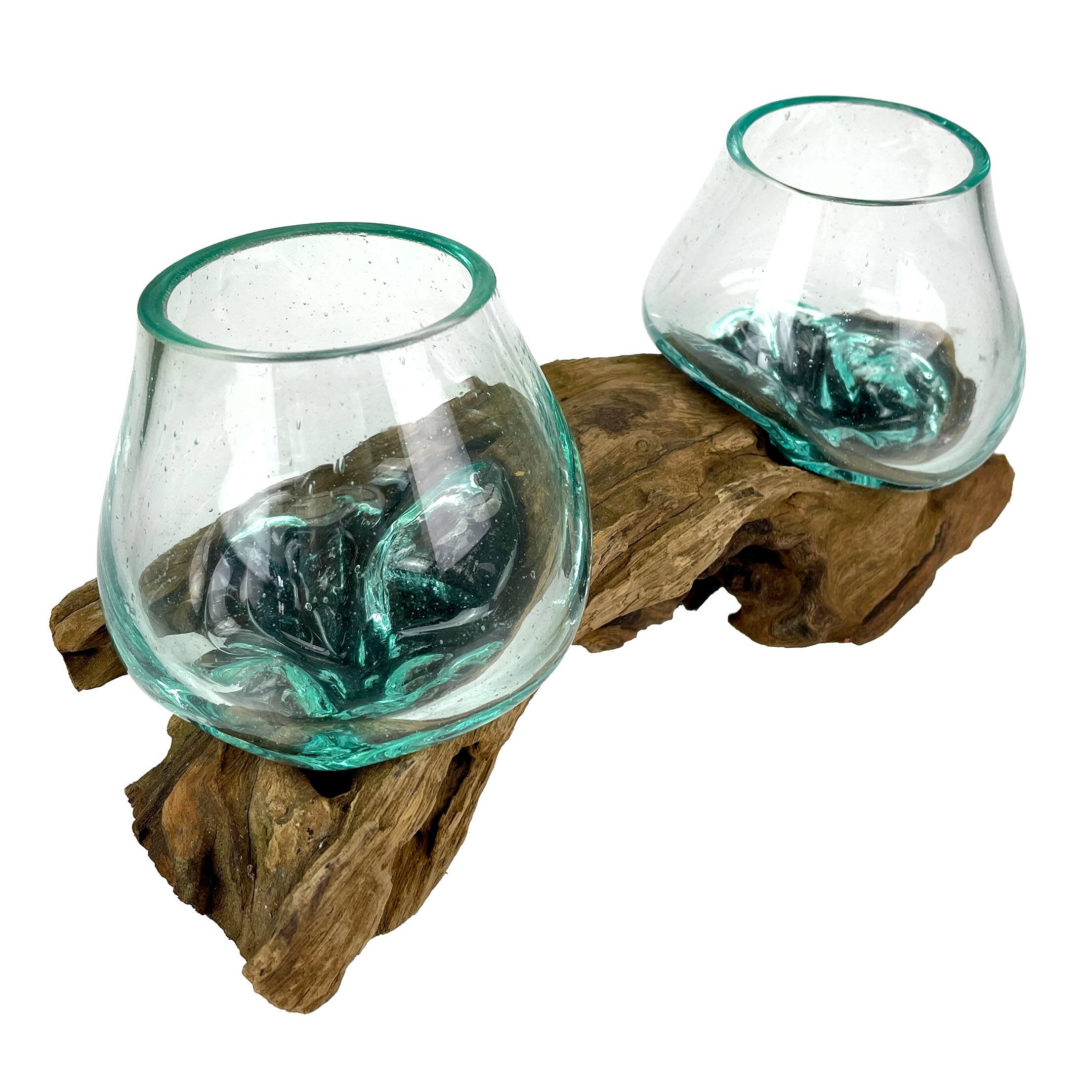 Alt View 1. Things2Die4 - 10.5" Double Molten Glass Bowls on Driftwood Hand Blown Planter Terrarium Decor - Natural.