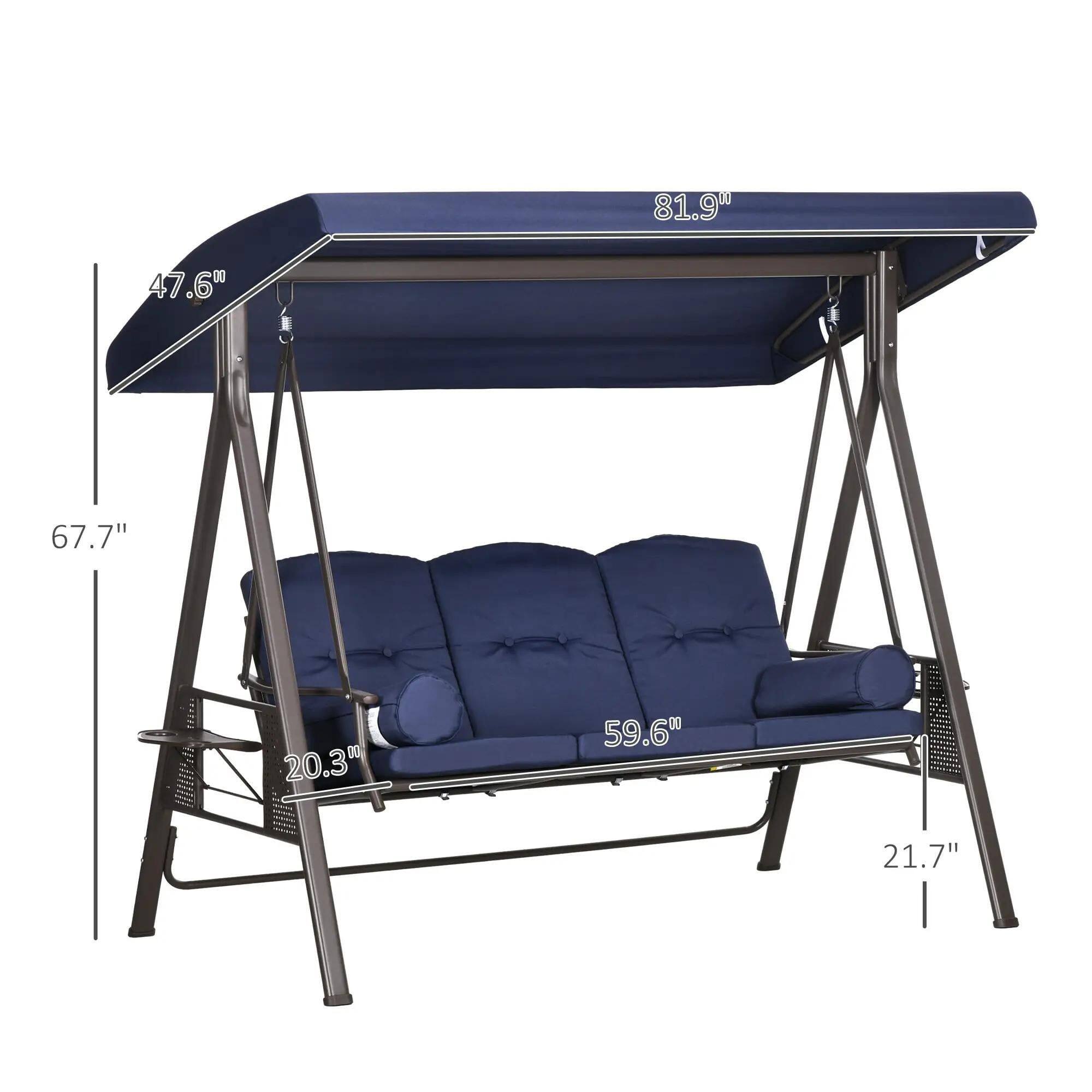 The dimensions of the swing are:

- Length: 81.9"
- Width: 47.6"
- Height: 67.7"
- Seat Depth: 20.3"
- Seat Width: 59.6"
- Height from the ground: 21.7"