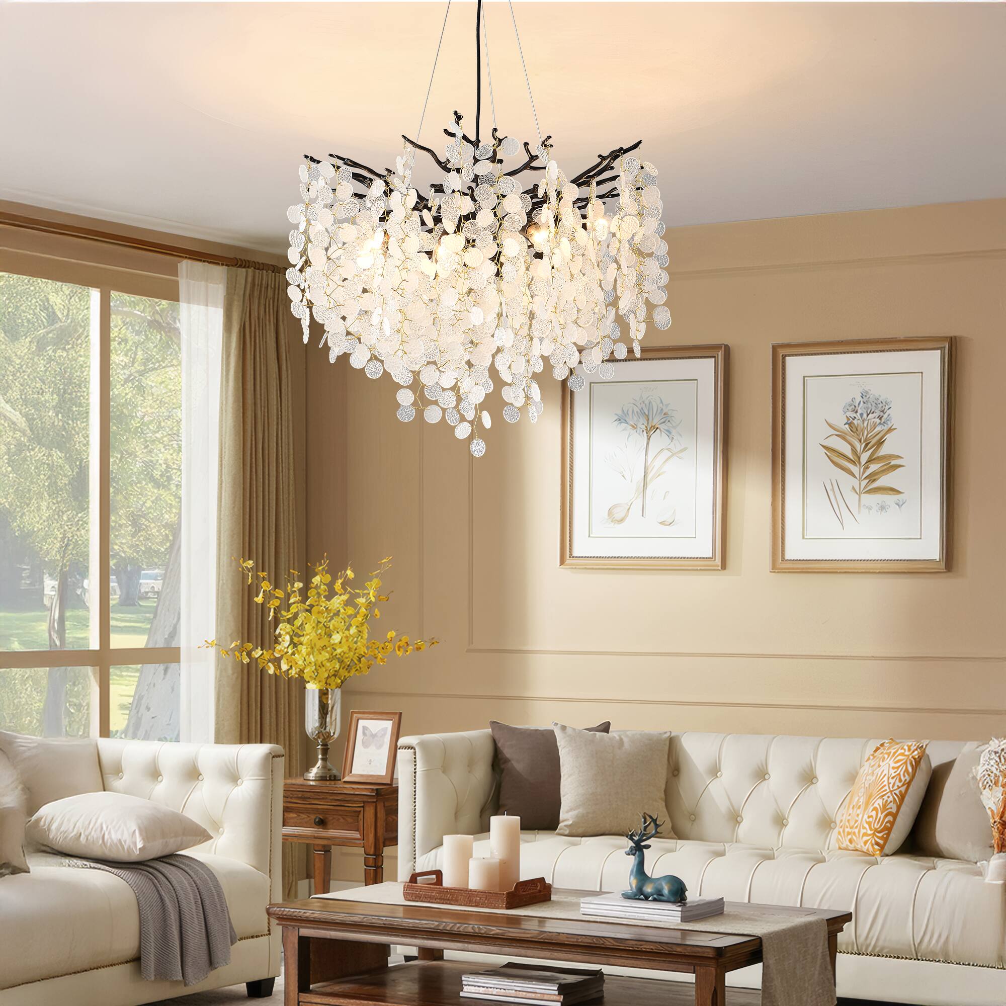 Back. RYHNUYNE - Modern Black Tree Branch Chandelier with Snowflake Accents 8-Light Adjustable Pendant Light for Dining Room.