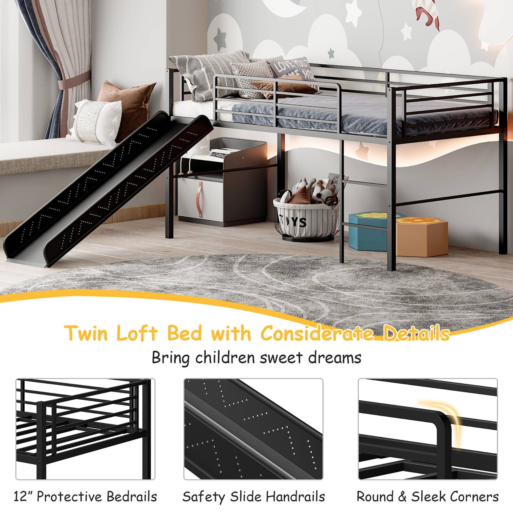 Twin Loft Bed with Considerate Details  
Bring children sweet dreams  

12" Protective Bedrails  
Safety Slide Handrails  
Round & Sleek Corners