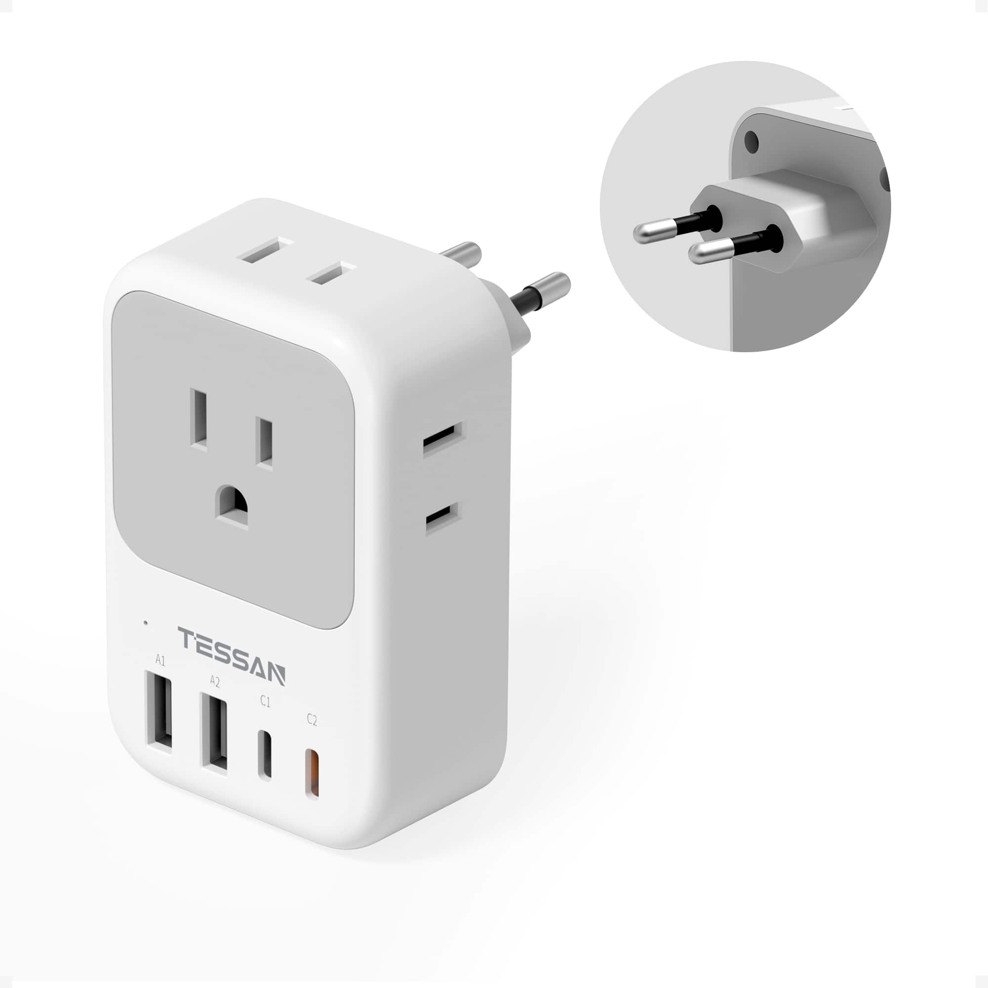 TESSAN - US to Europe Travel Plug Adapter, Type C Outlet Extender with 4 Outlets and 4 USB Ports (2 USB-C PD 20W) - Gray,White