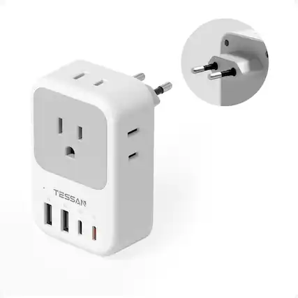 Front. TESSAN - US to Europe Travel Plug Adapter, Type C Outlet Extender with 4 Outlets and 4 USB Ports (2 USB-C PD 20W) - Gray,White.