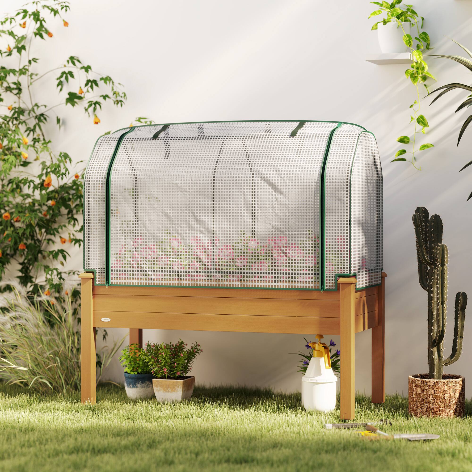 Alt View 7. Outsunny - Raised Garden Bed with PE Greenhouse Cover Outdoor Elevated Wood Planter Box for Herbs and Vegetables.